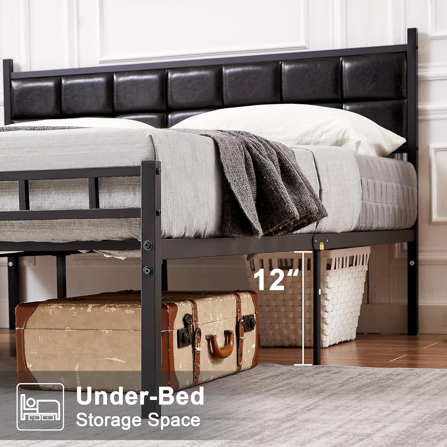 VECELO Bed Frame with PU Upholstered Headboard Metal Slats Support, No Box Spring Needed - VECELO