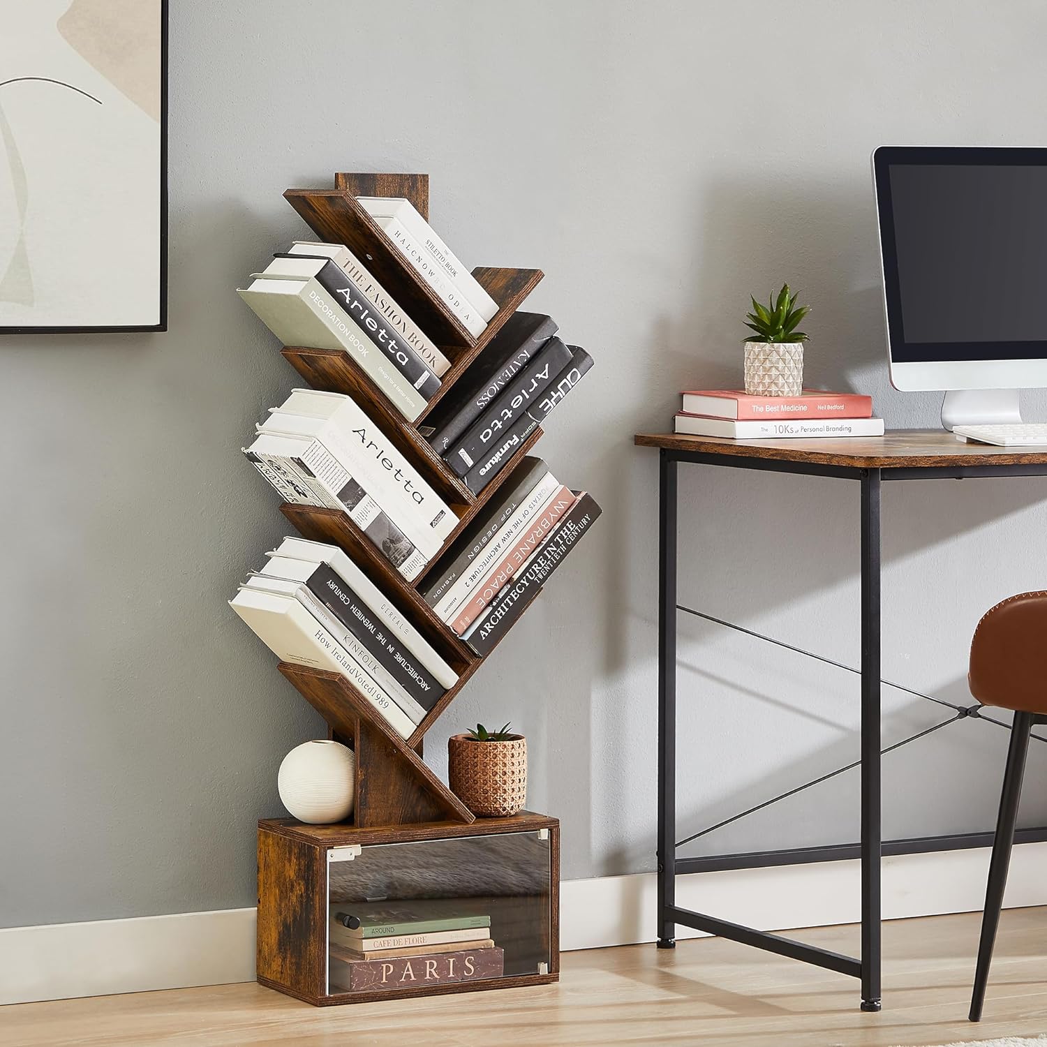 VECELO Tree Bookshelf, 7-Tier Tree Bookcase Wood Shelves Display with Storage Cabinet