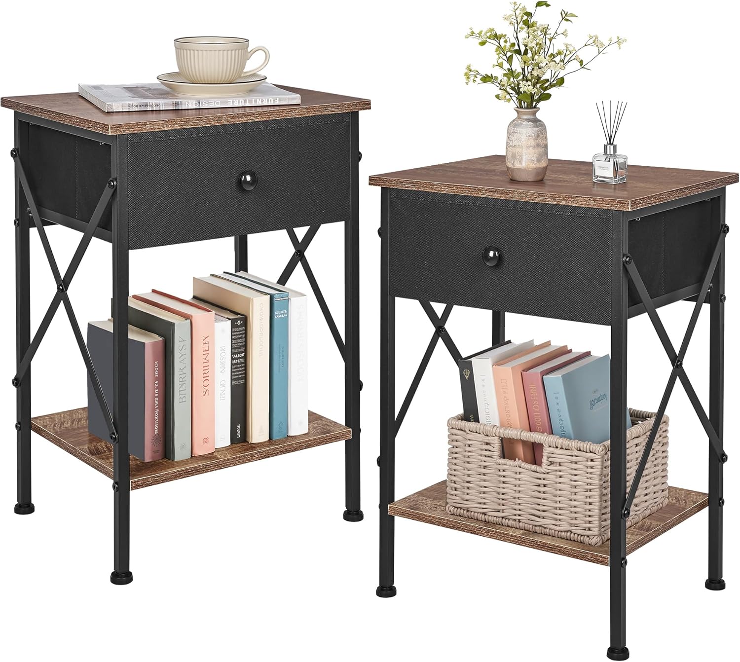 VECELO Nightstand Set of 2, X-Design End Side Table with Fabric Storage Drawer and Open Shelf