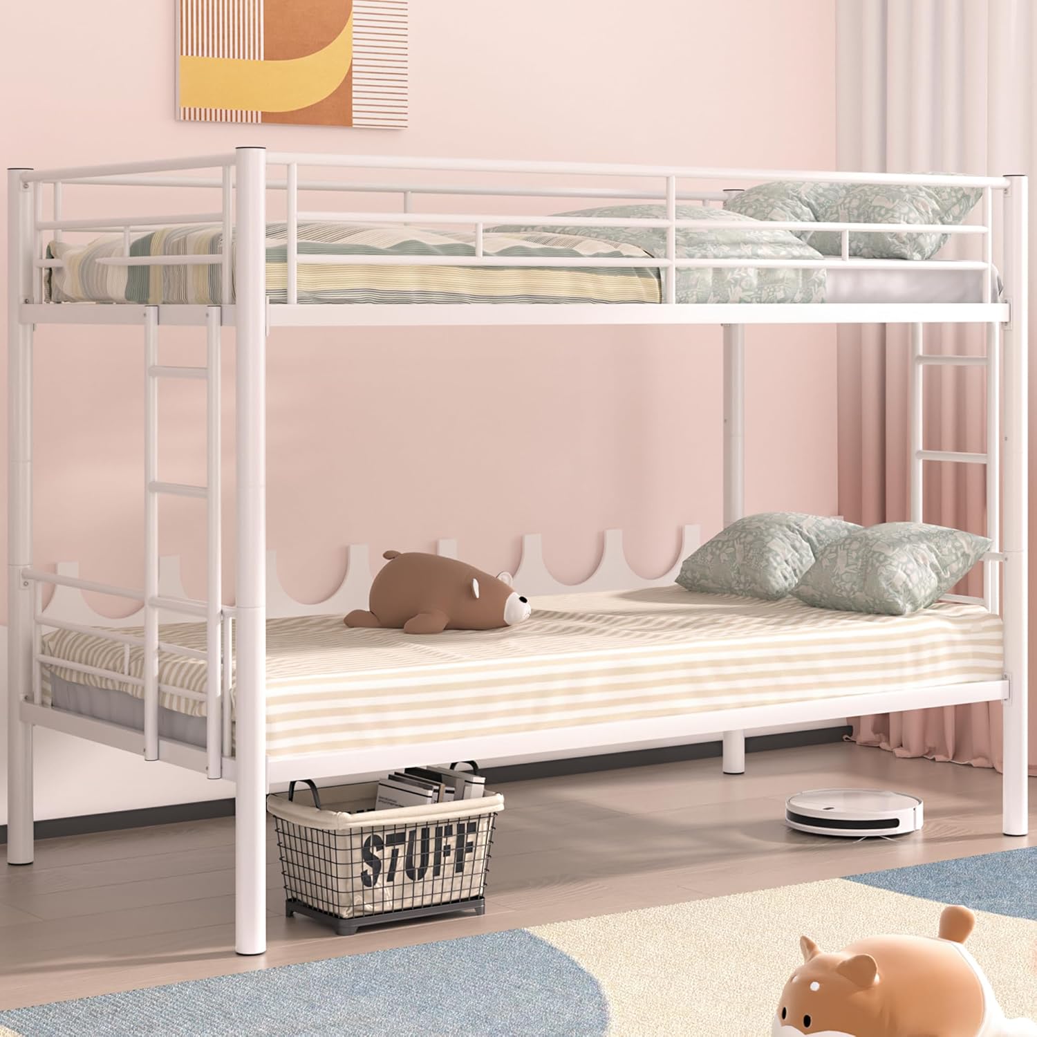 VECELO Metal Bunk Bed Twin Over Twin, Industrial Bunkbeds with Ladder and Full-Length Guardrail