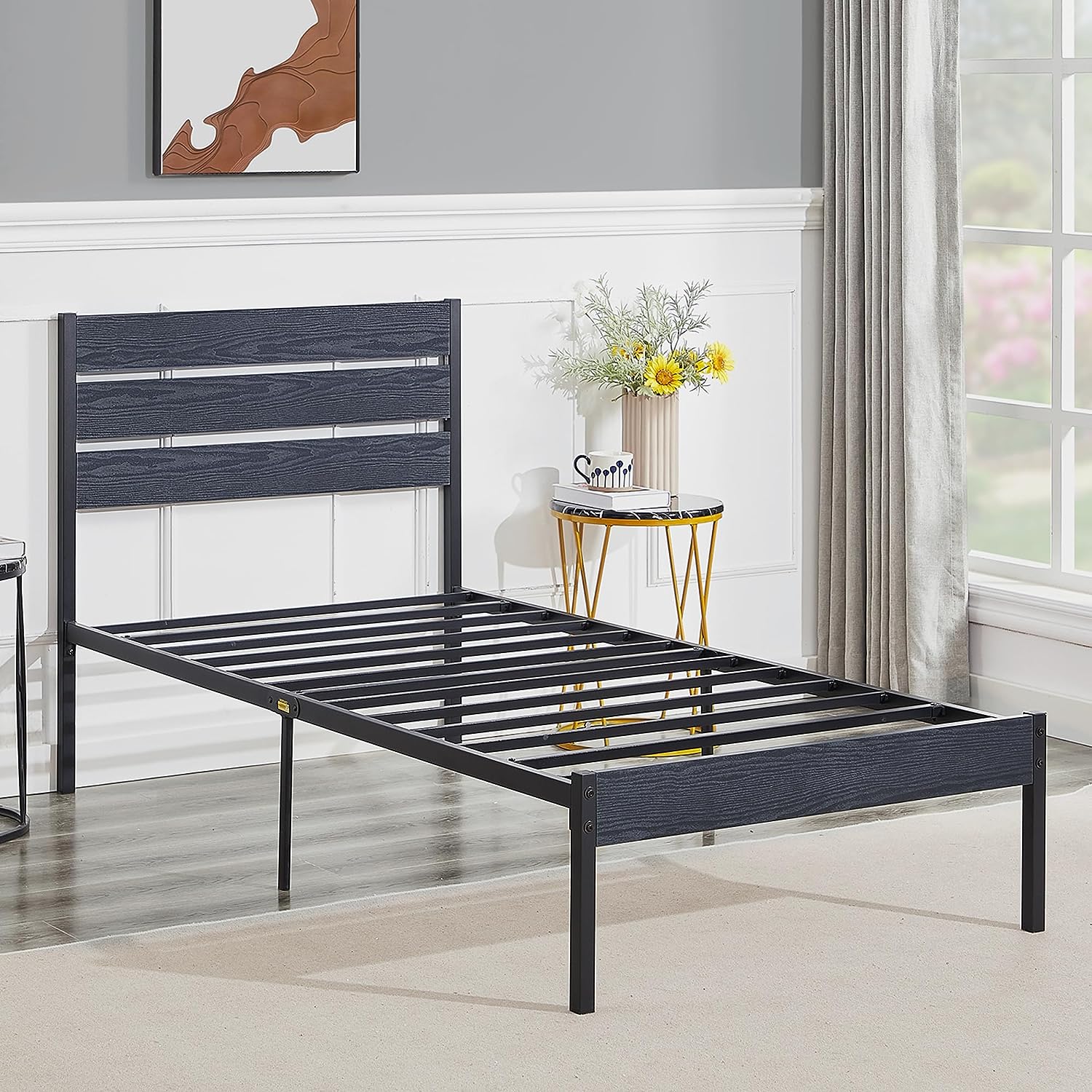 VECELO Platform Bed Frame with Rustic Vintage Wood Headboard/Strong Metal Slats Support