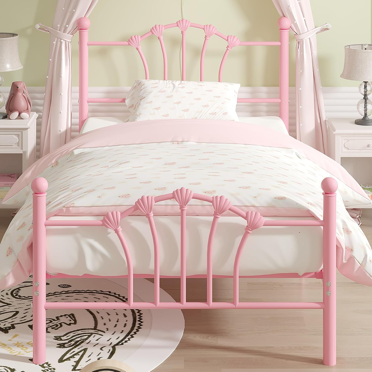 VECELO Twin Size Metal Bed Frame with Shell Headboard and Footboard