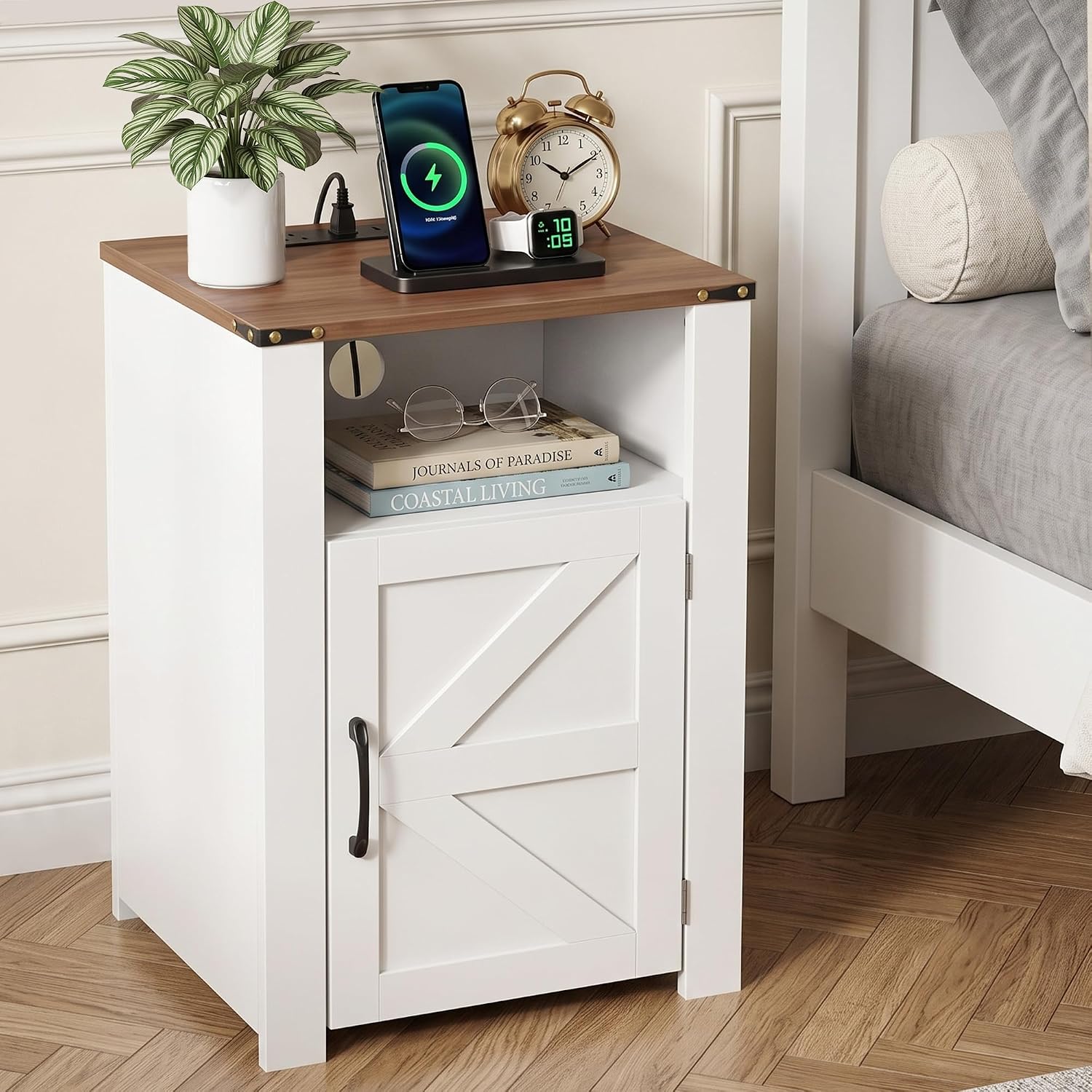 VECELO Farmhouse Nightstand with Charging Station