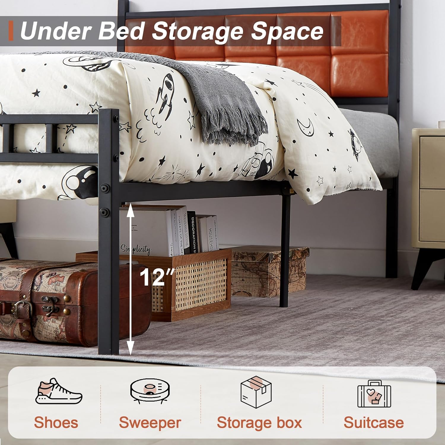 VECELO Bed Frame with PU Upholstered Headboard Metal Slats Support, No Box Spring Needed - VECELO