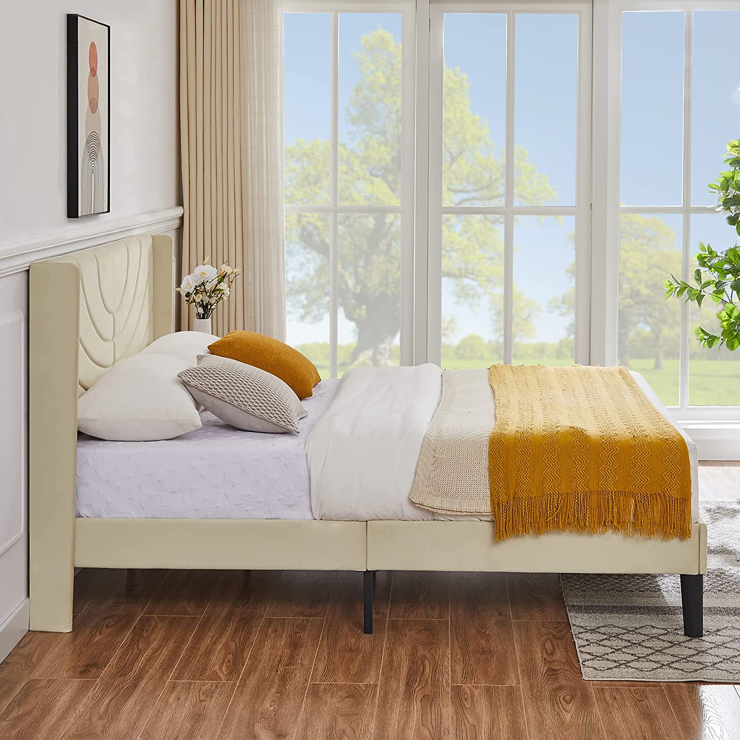 VECELO Upholstered Platform Bed Frame with Adjustable Fabric Headboard