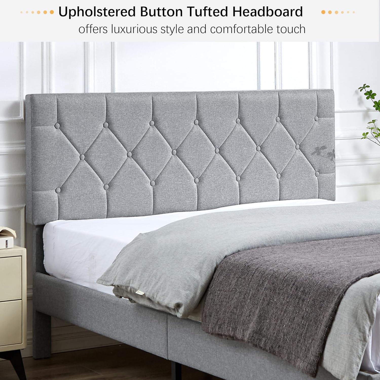 VECELO Bed Frame, Upholstered Platform with Adjustable Diamond Tufted Headboard
