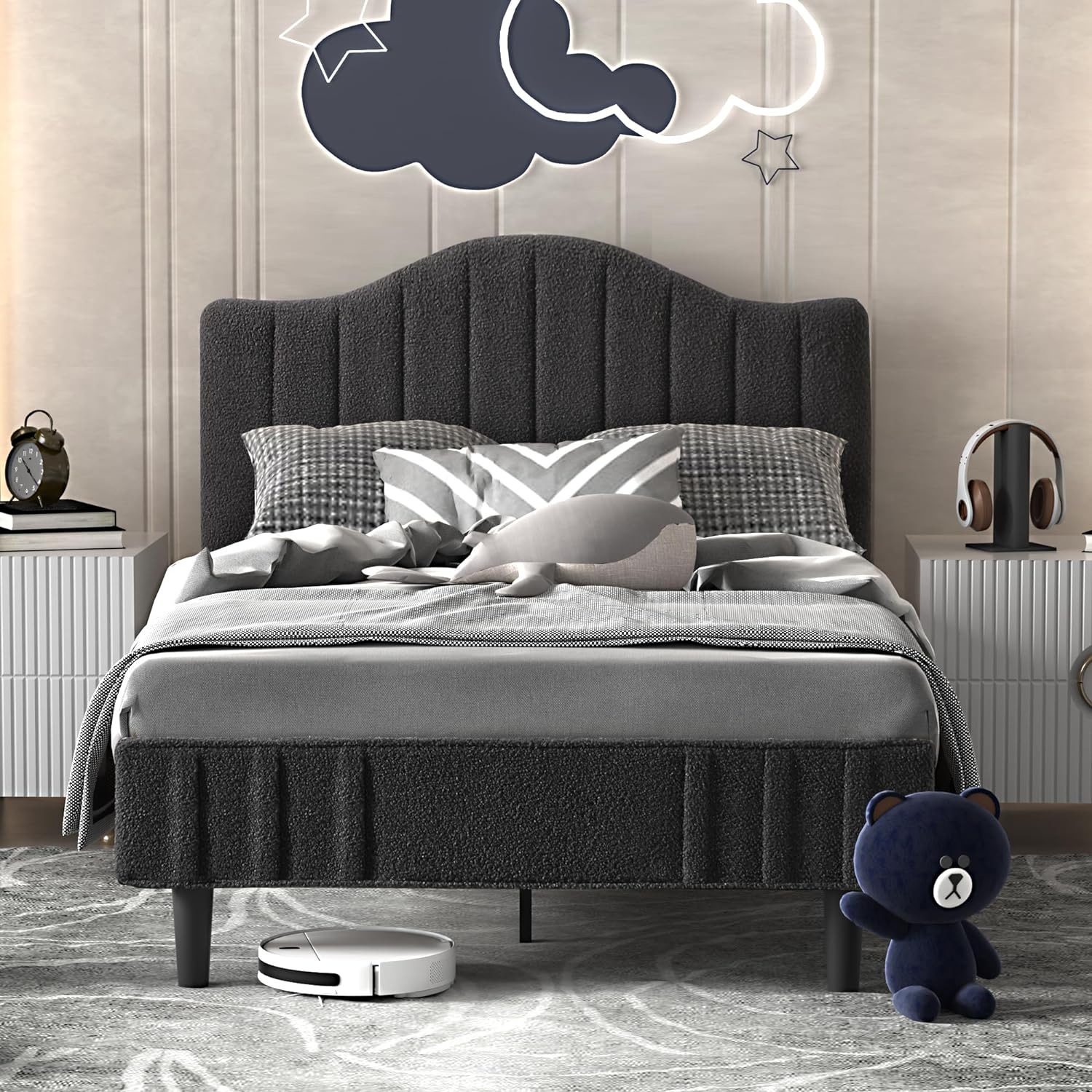 VECELO Upholstered Platform Bed Frame with Sheepskin Fabric Adjustable Headboard/Strong Wood Slats Supports