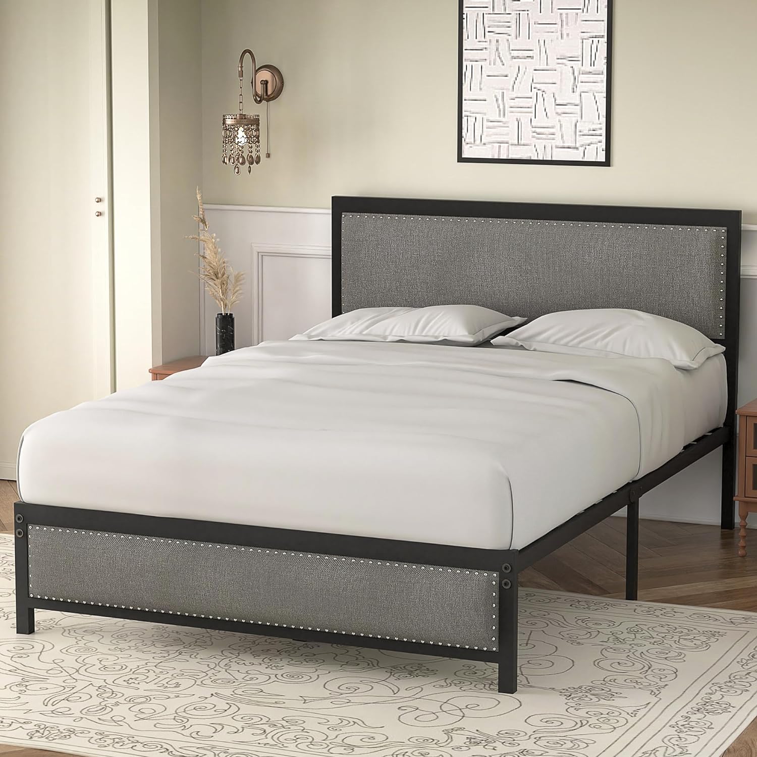 VECELO Bed Frame with Linen Fabric Headboard and Footboard No Box Spring Needed - VECELO