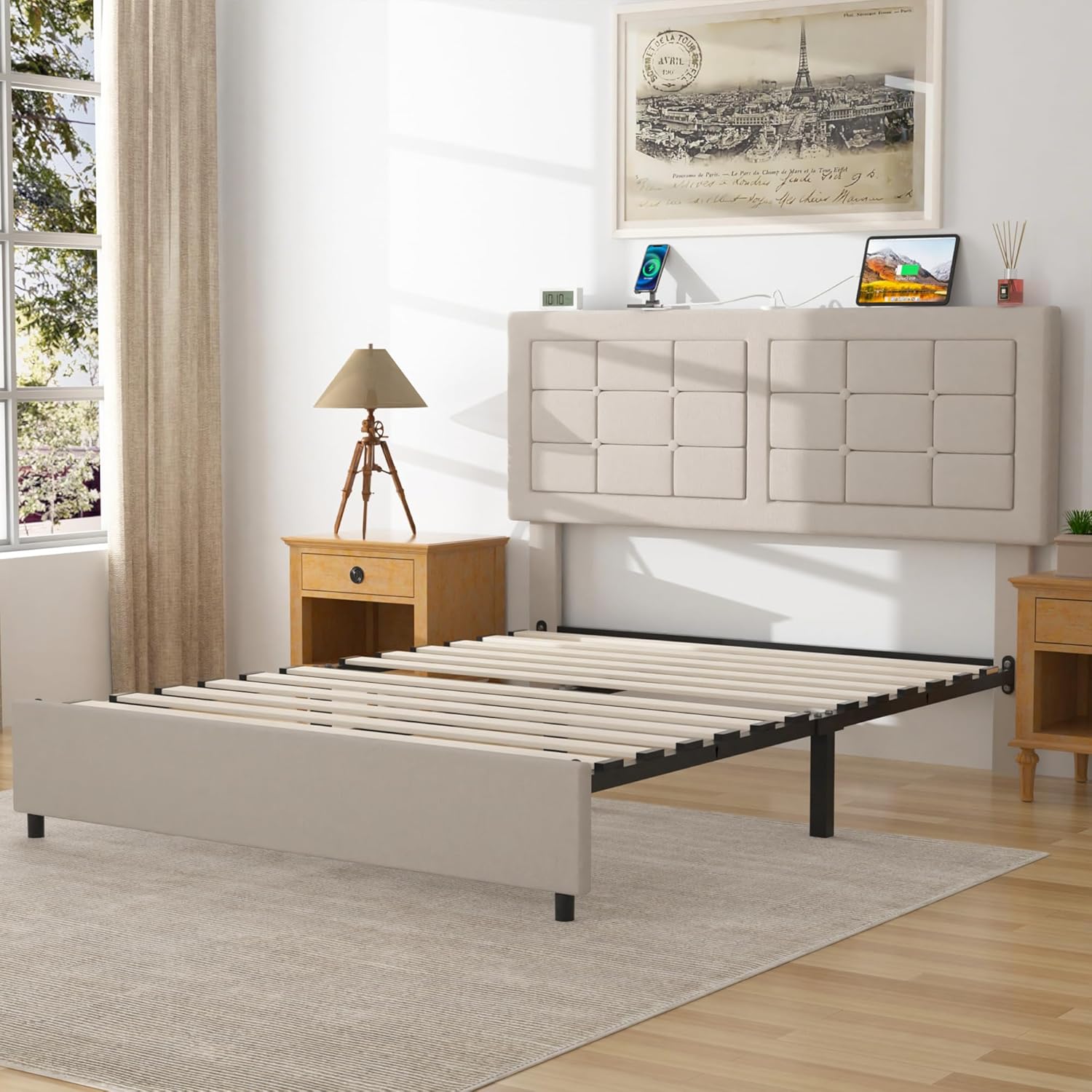 VECELO Bed Frame with 4 Drawers, Adjustable Tufted Button Headboard