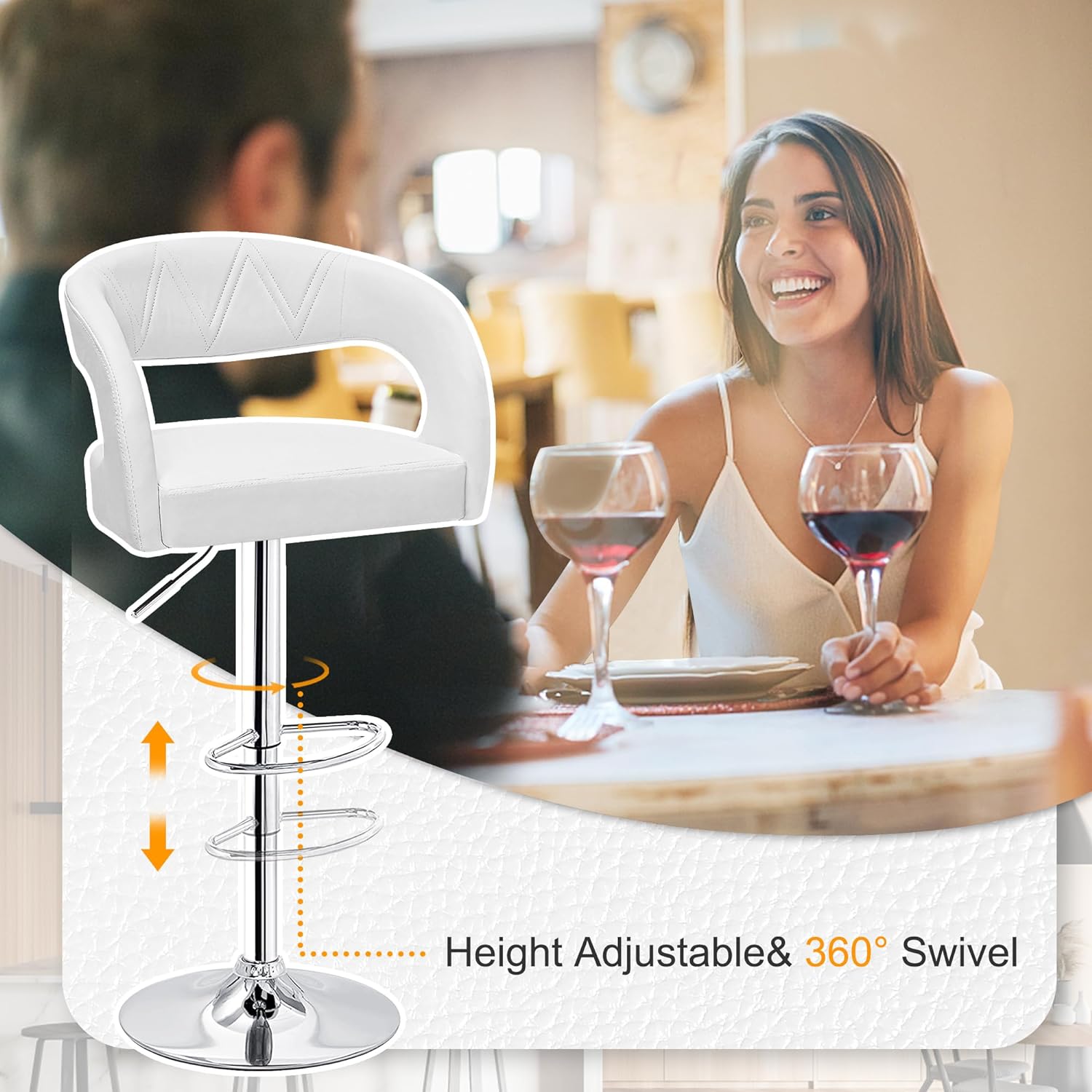 VECELO Bar Stools Set of 2 Adjustable Swivel Modern Pu Leather Barstools - VECELO