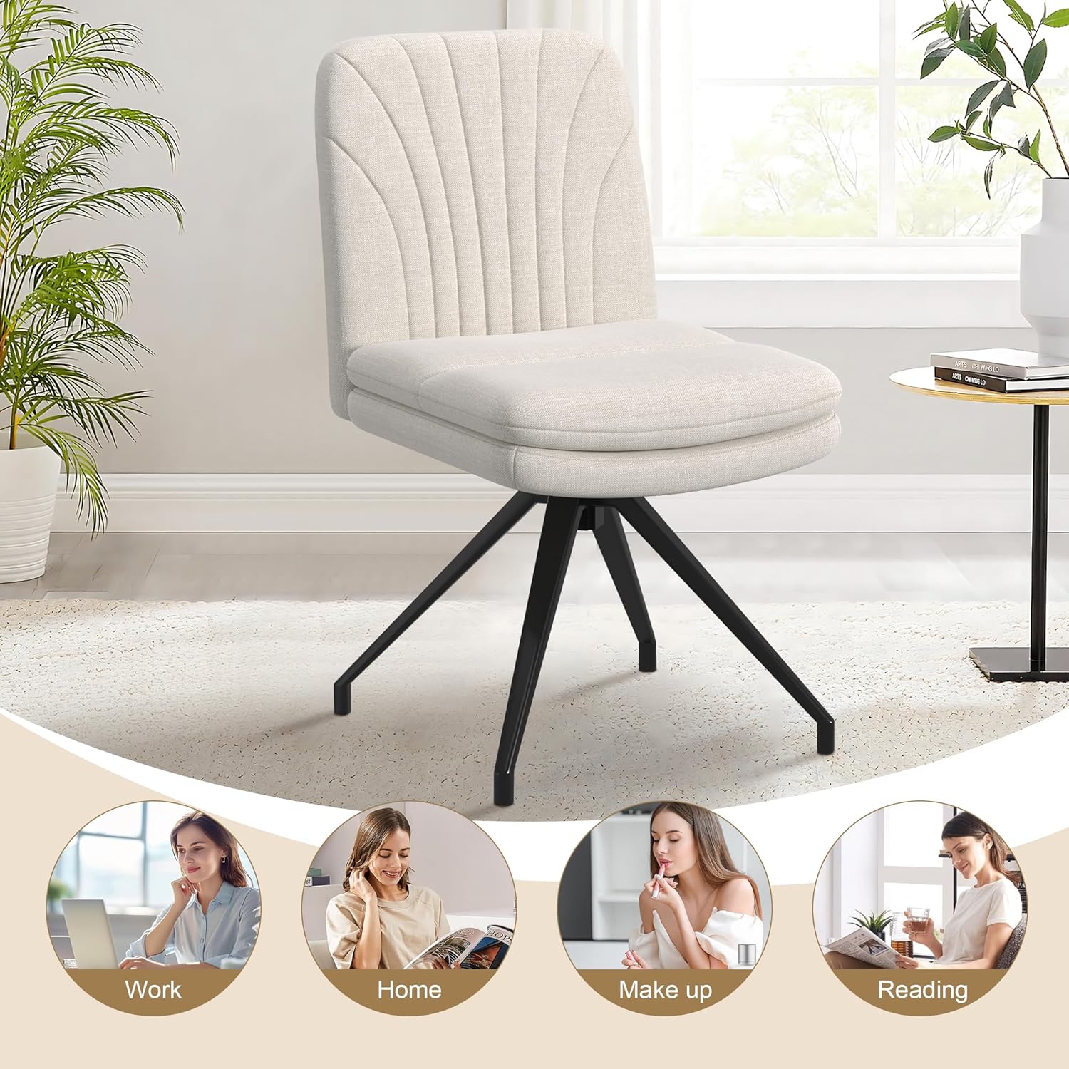 VECELO Armless Office Desk Chair, Criss Cross Legged Vanity Chair with Wide Padded Seat - VECELO