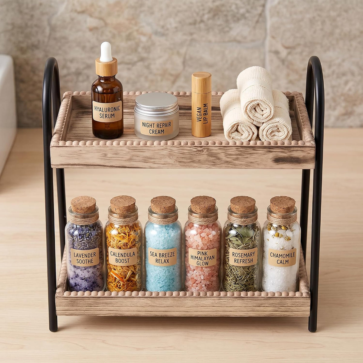 VECELO Bathroom Counter Organizer  Wood Bead Makeup Organizer Countertop