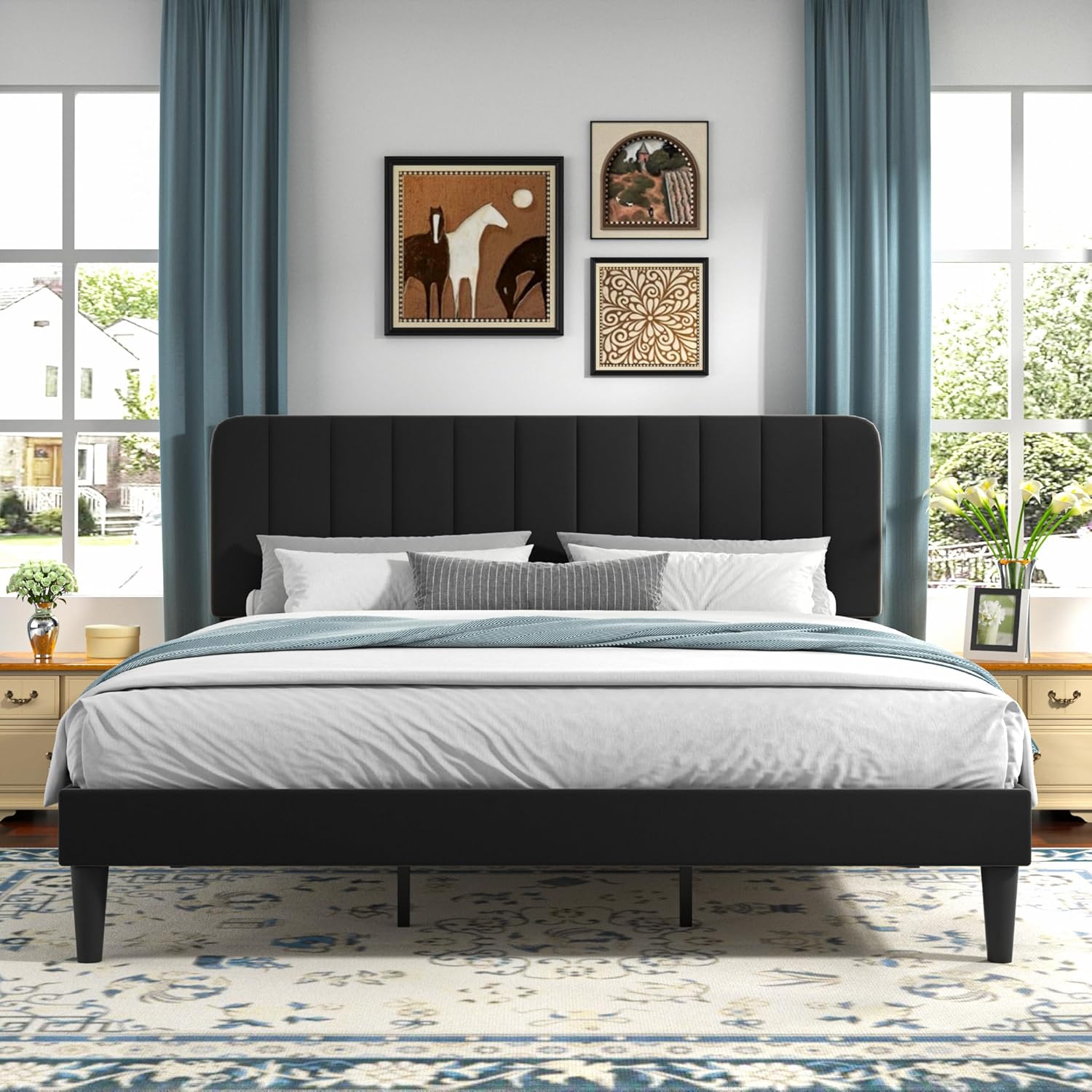 VECELO Upholstered Platform bedframe with Adjustable Headboard
