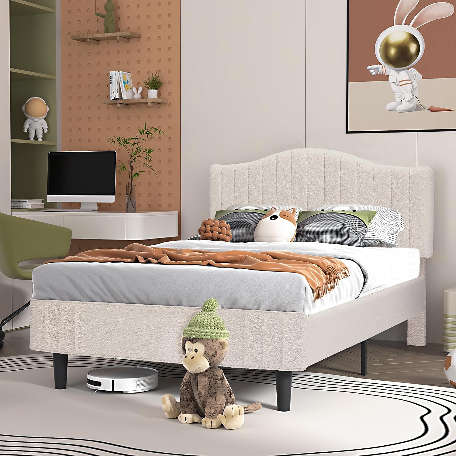 VECELO Upholstered Platform Bed Frame with Sheepskin Fabric Adjustable Headboard/Strong Wood Slats Supports