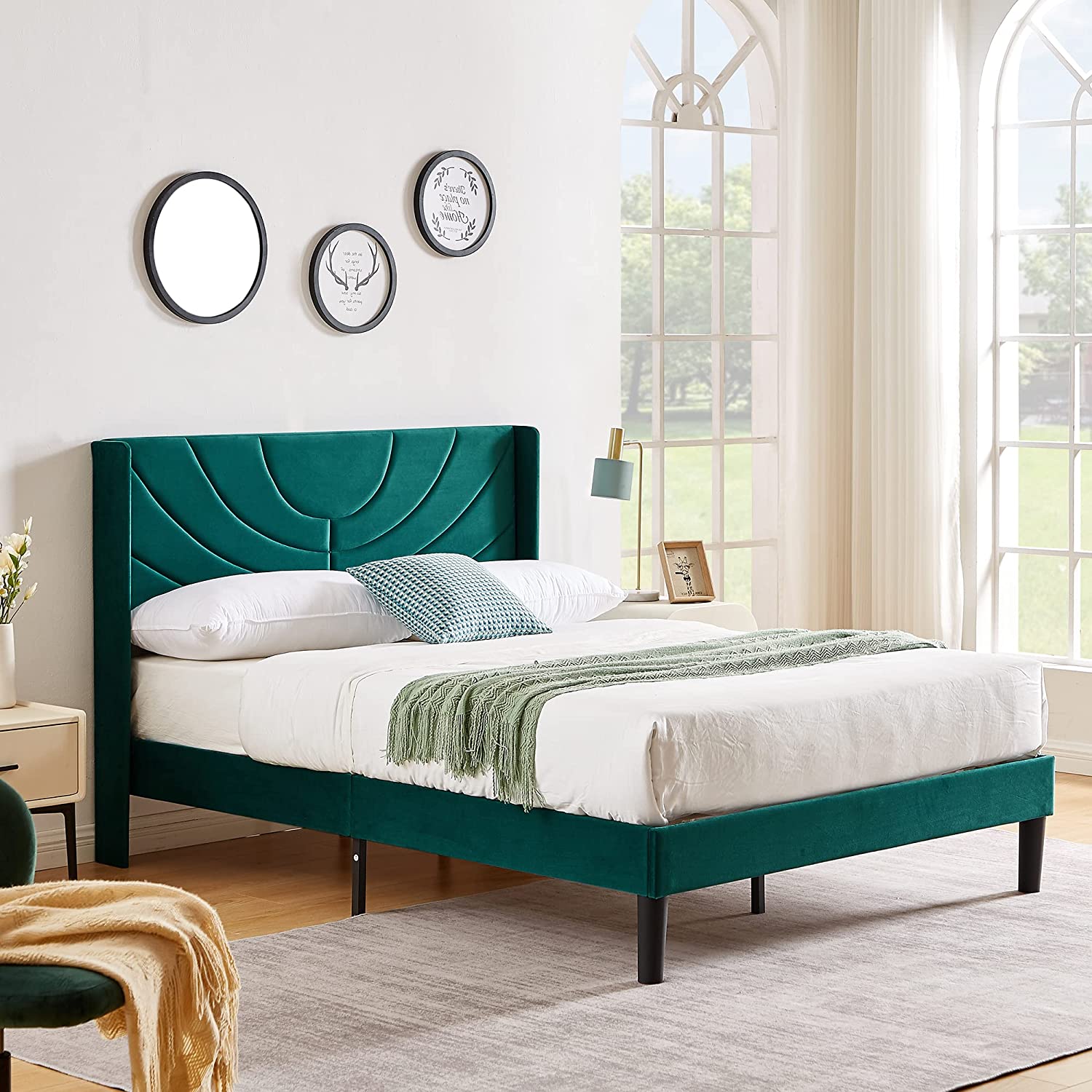 VECELO Upholstered Platform Bed Frame with Adjustable Fabric Headboard