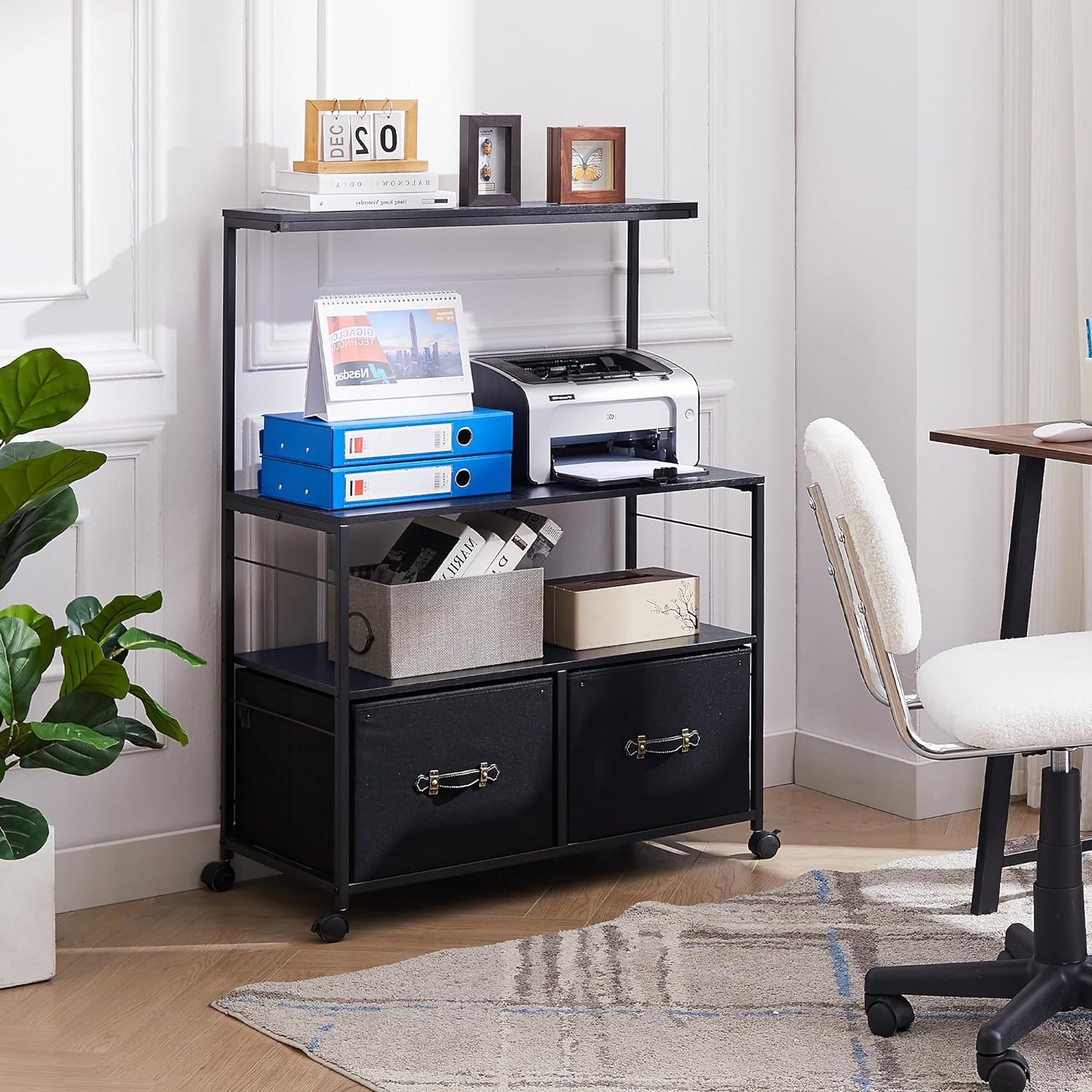 VECELO Lateral File Cabinet with 2 Big Rolling Printer Stand with 3 Open Storage Shelf - VECELO