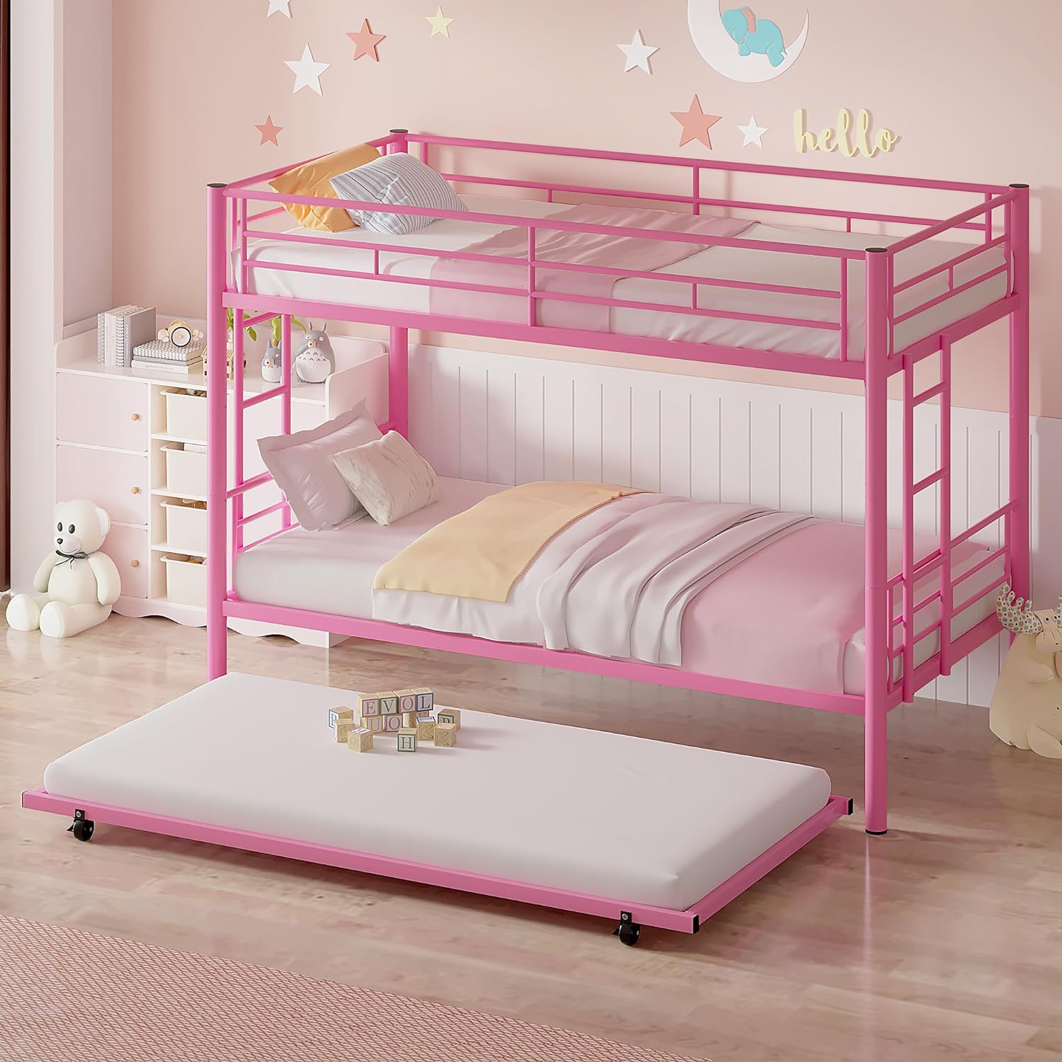 VECELO Bunk Bed Twin Over Twin with Trundle, Metal Bunkbeds with Ladder and Full-Length Guardrail - VECELO