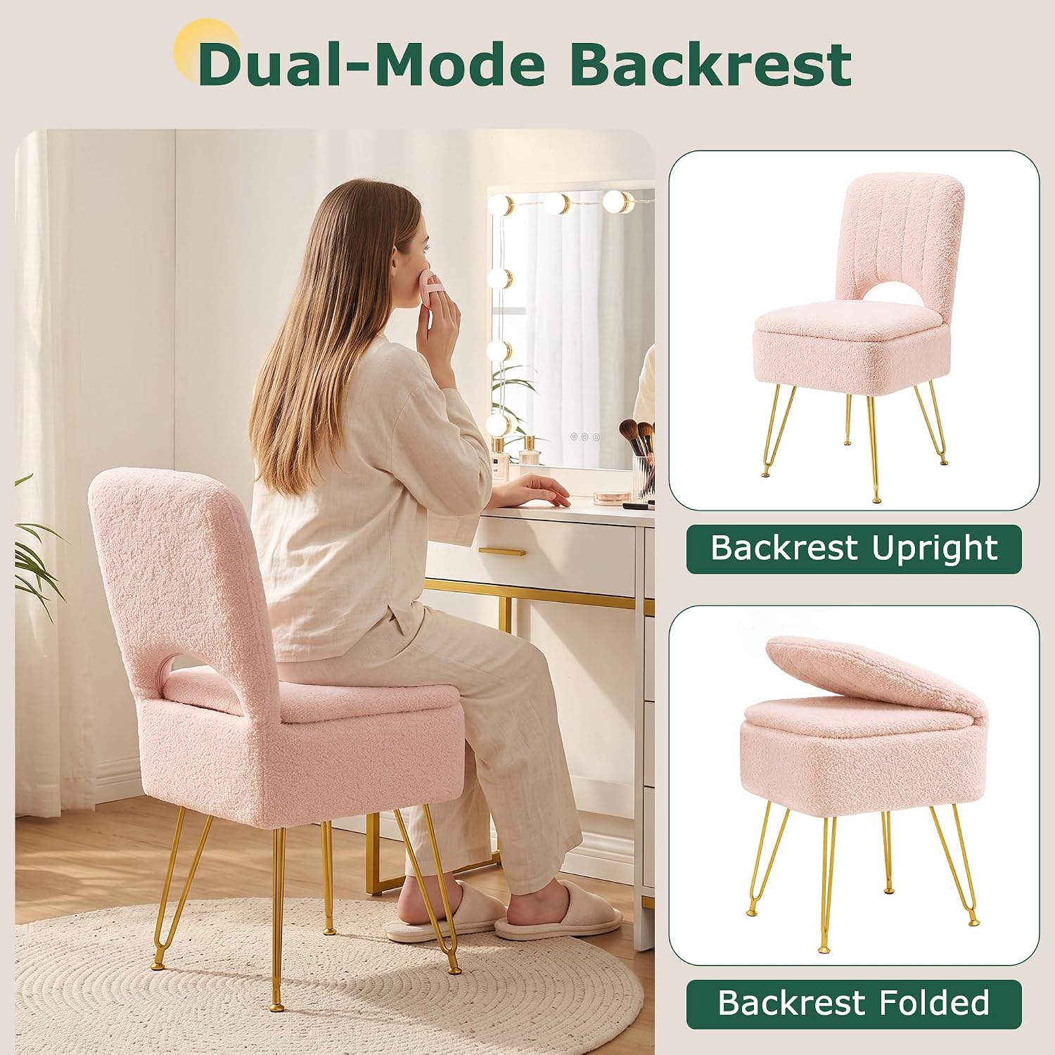 VECELO White Vanity Stool Chair with Storage and Folding Back