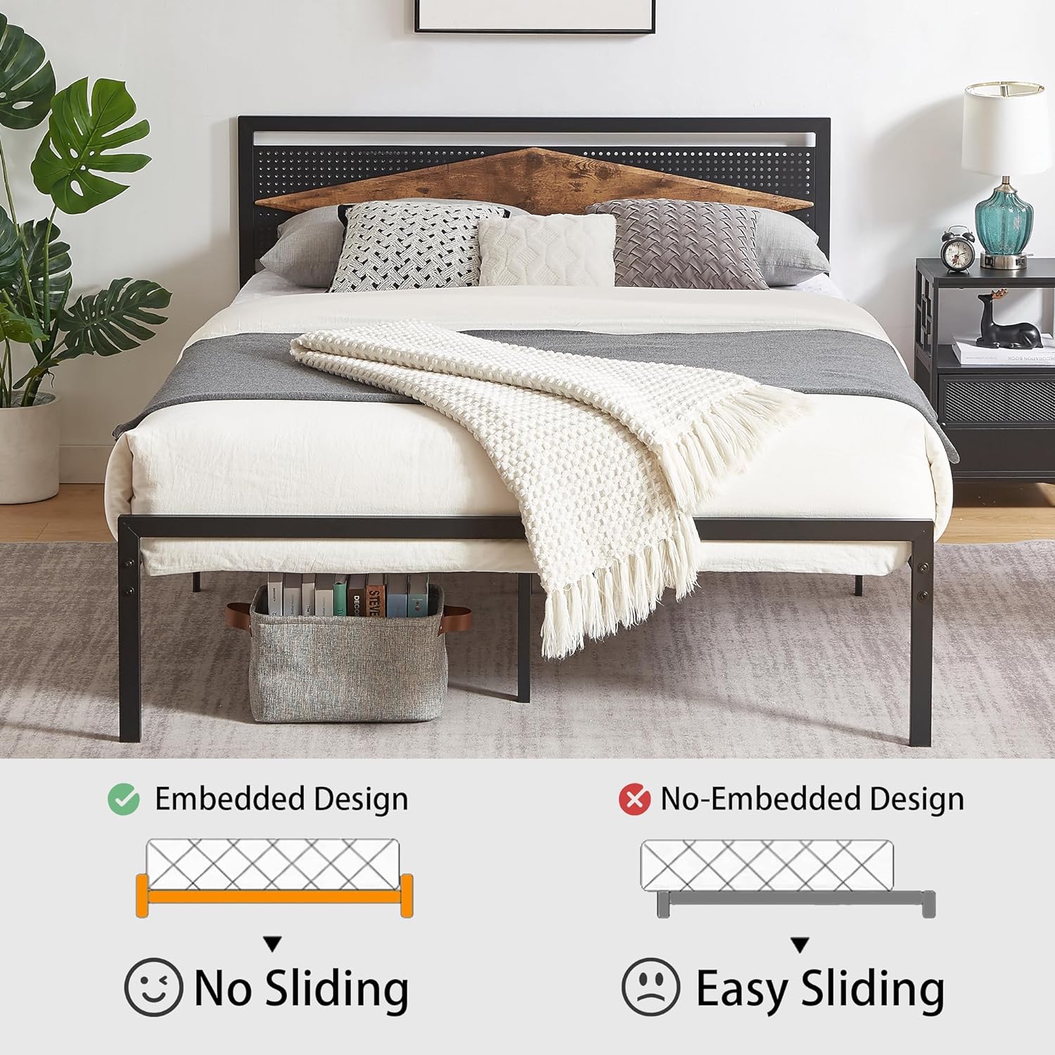 VECELO Metal Bed Frame Platform with Wood Grain Headboard&Footboard