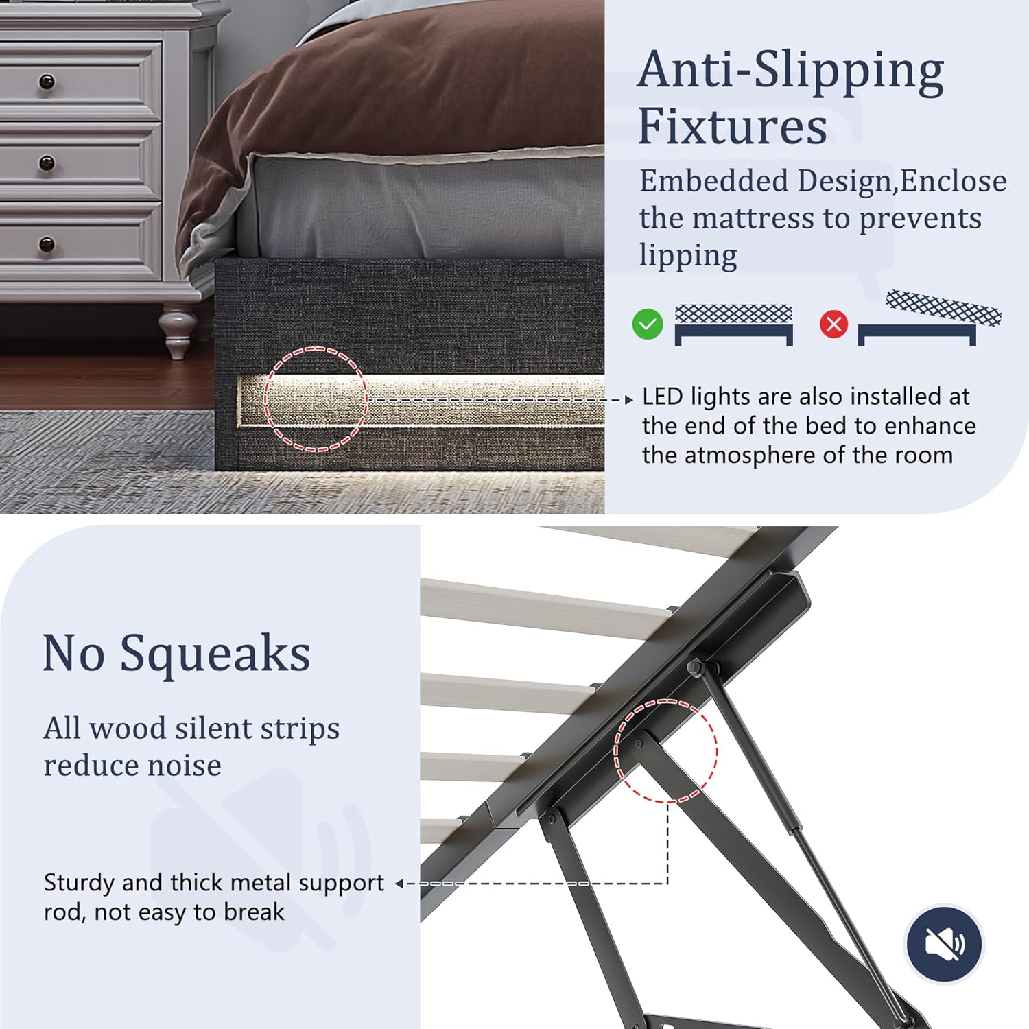 VECELO Lift Up Storage Bed, Upholstered Platform Bed Frame with Smart LED Lights and USB Charging Station