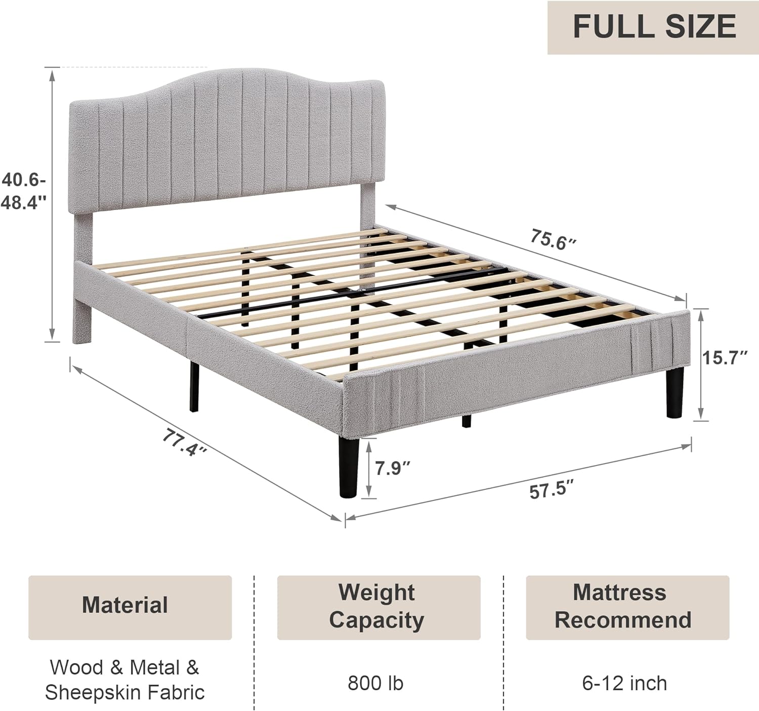 VECELO Upholstered Platform Bed Frame with Sheepskin Fabric Adjustable Headboard/Strong Wood Slats Supports