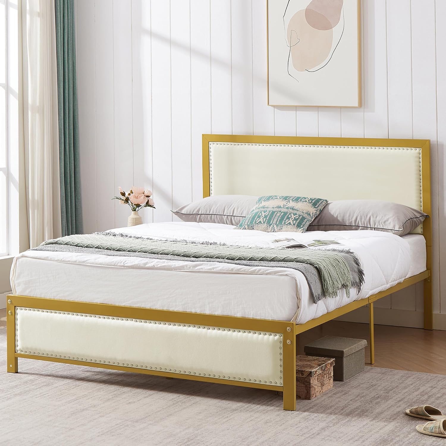 VECELO Bed Frame with Linen Fabric Headboard and Footboard No Box Spring Needed - VECELO