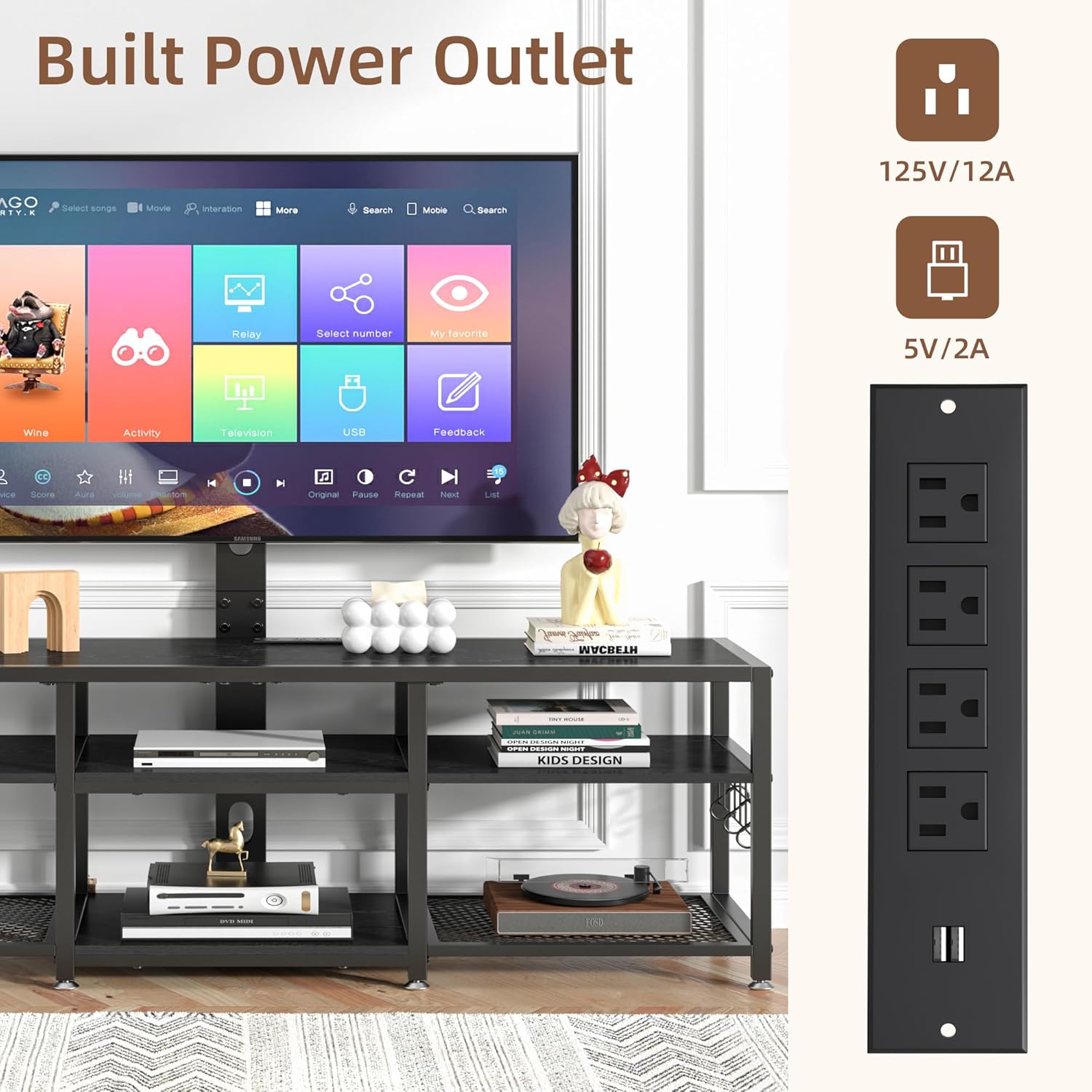 VECELO TV Stand with Mount and Power Outlets