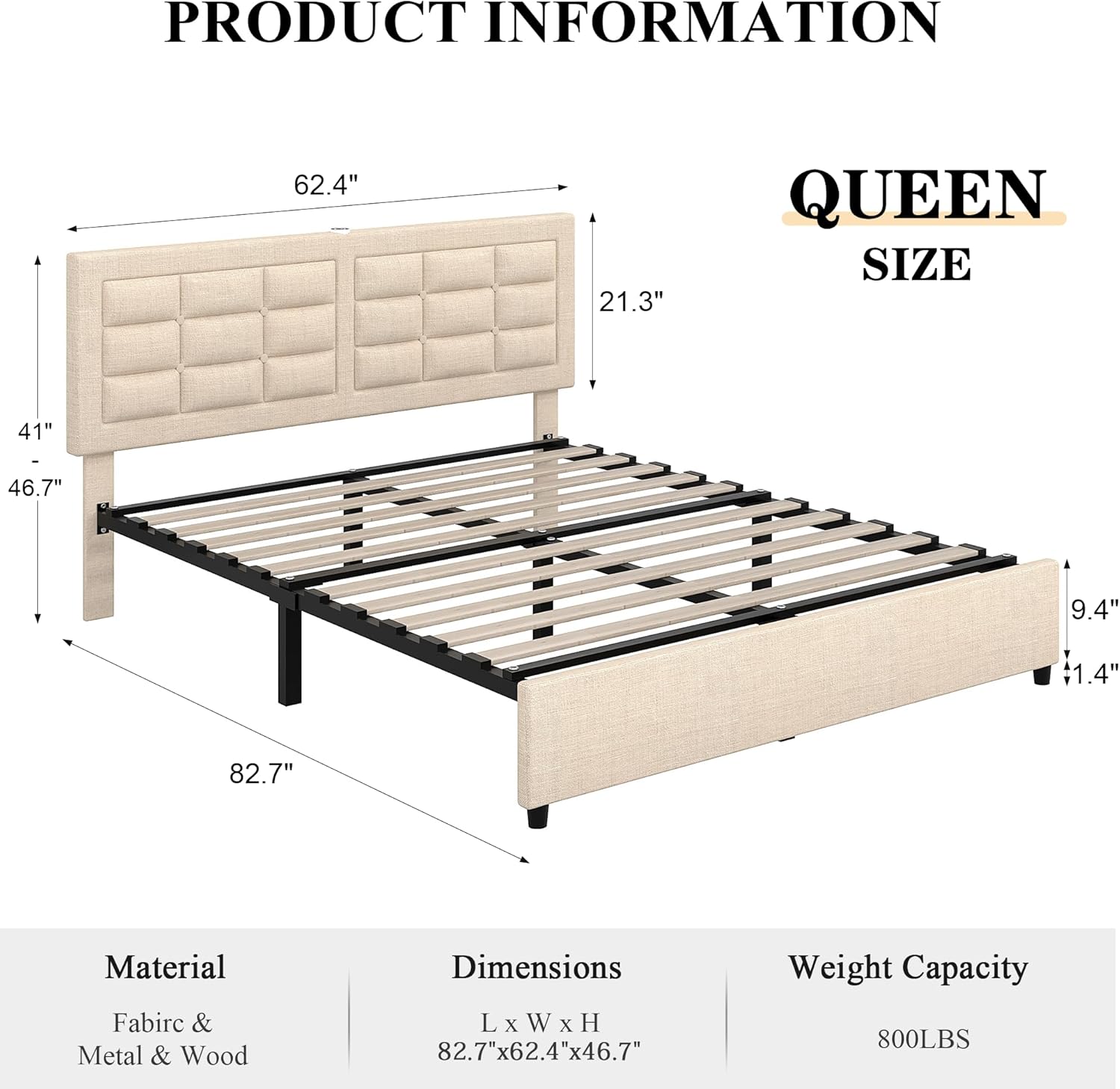 VECELO Bed Frame with 4 Drawers, Adjustable Tufted Button Headboard