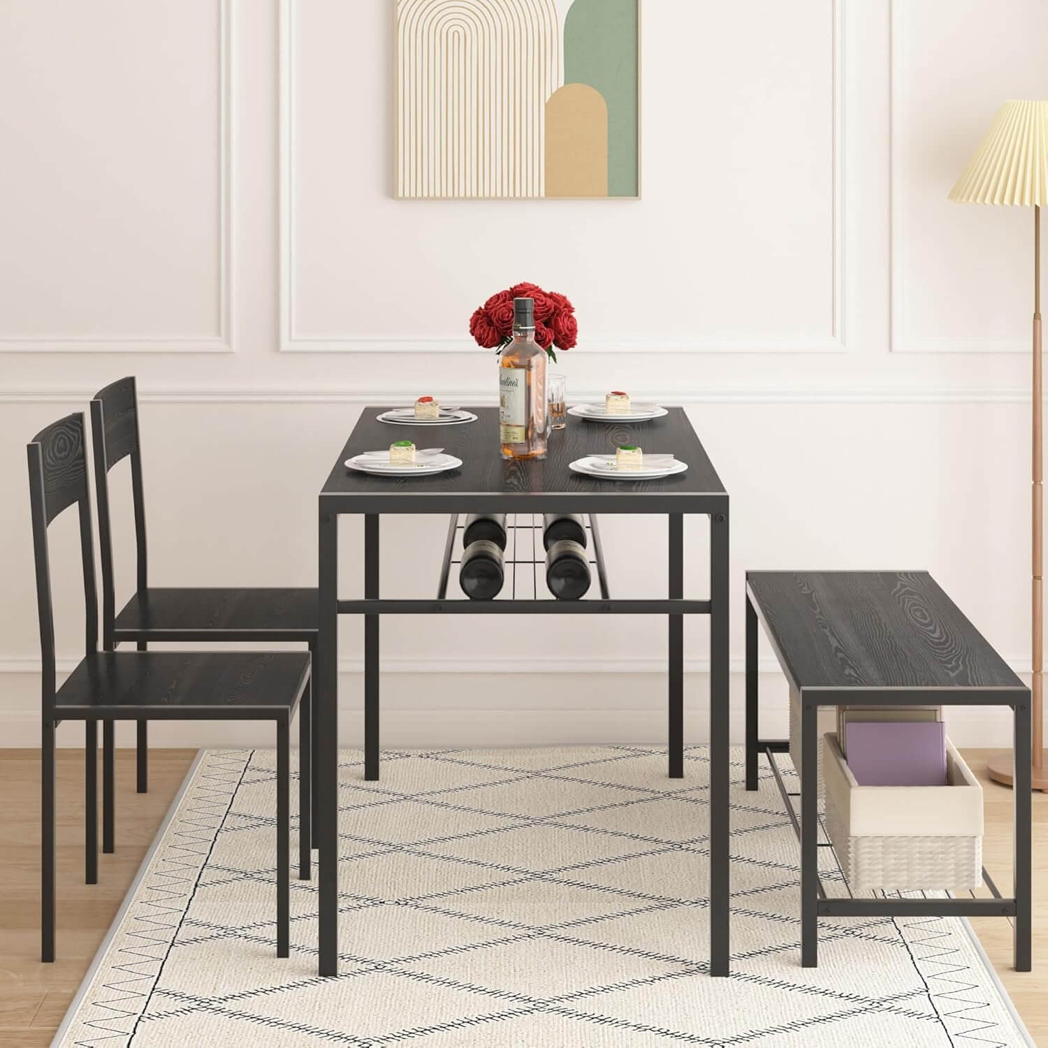VECELO industrial dining table set with two chairs and a bench, featuring a minimalist design in black wood.