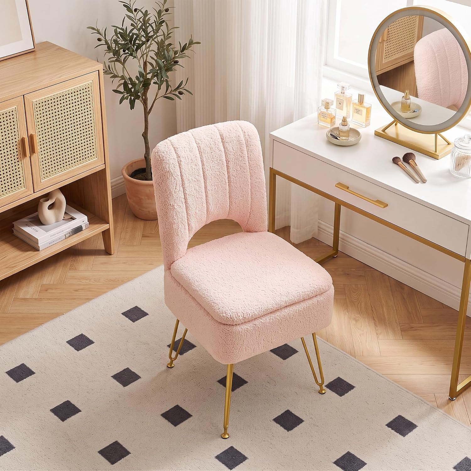 VECELO White Vanity Stool Chair with Storage and Folding Back
