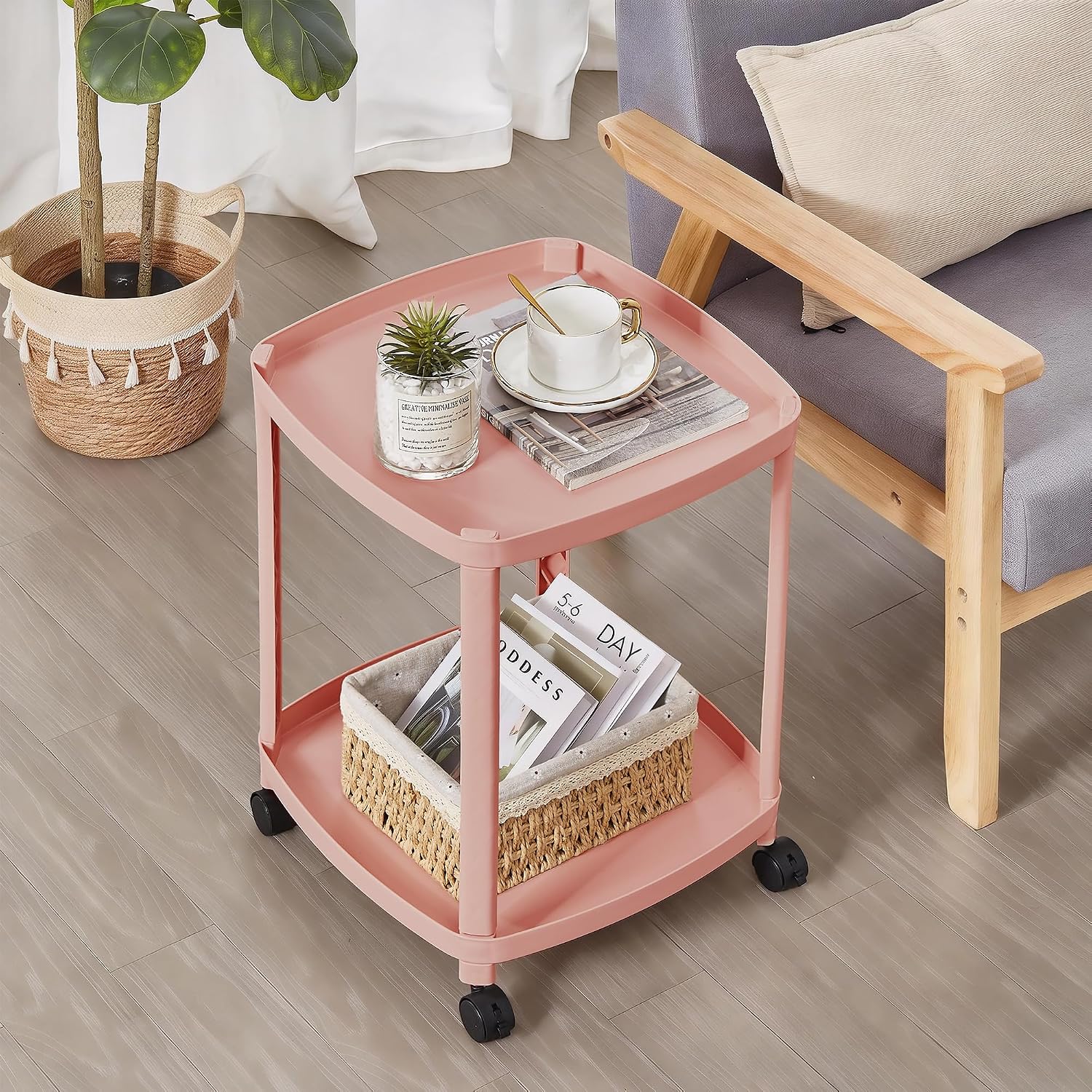VECELO Rolling End Side Table with Lockable Wheels