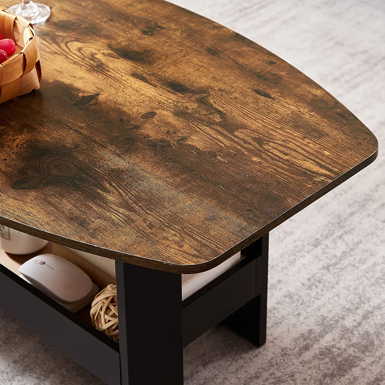 VECELO Coffee Table for Living Room with Storage Compartment Shelf, Rustic Brown - VECELO