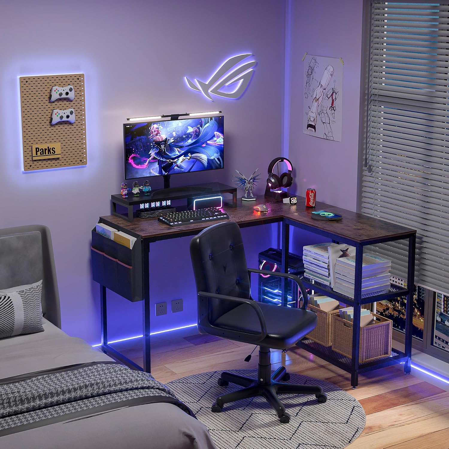 VECELO L Shaped Computer Desk with Storage Shelves & Bag