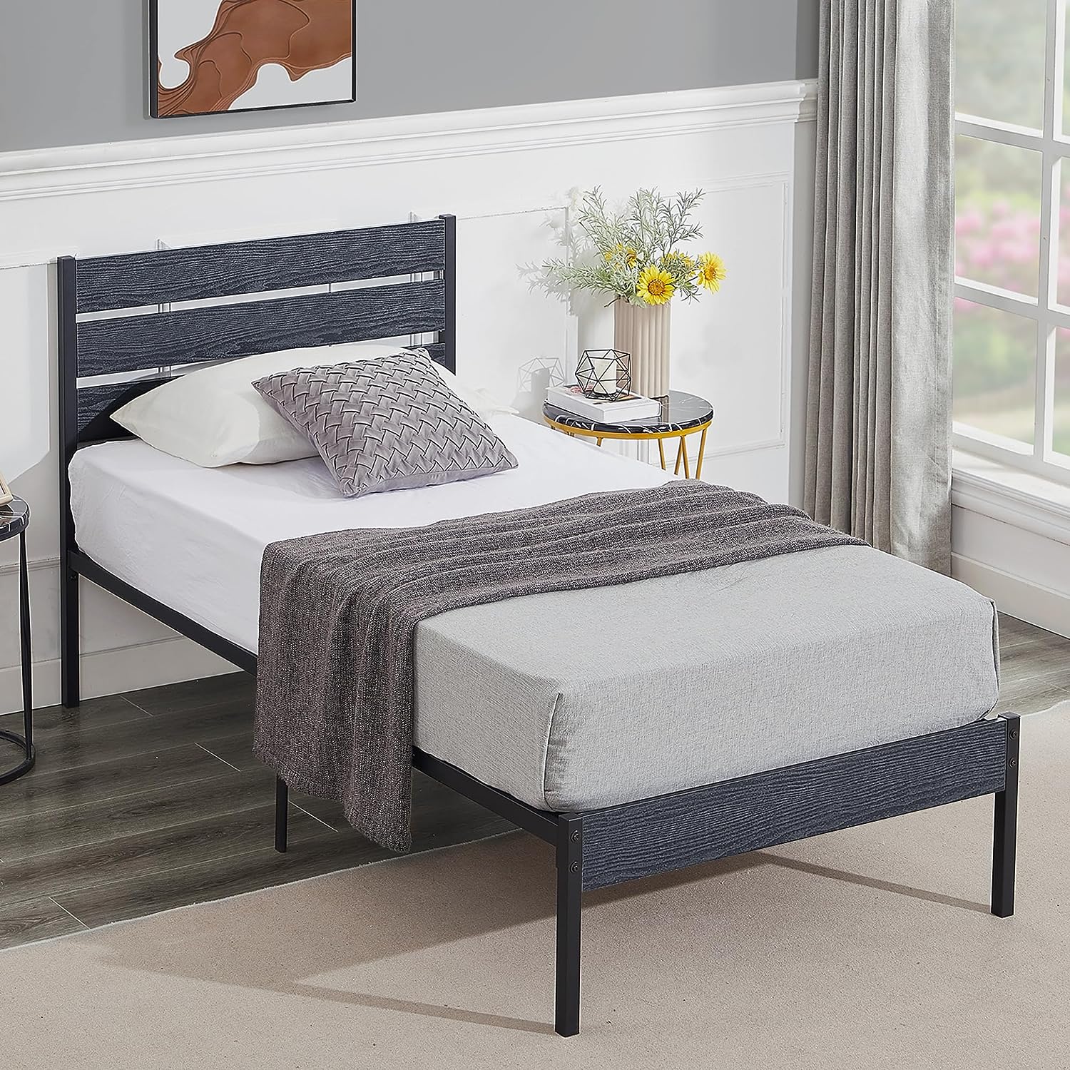 VECELO Platform Bed Frame with Rustic Vintage Wood Headboard/Strong Metal Slats Support