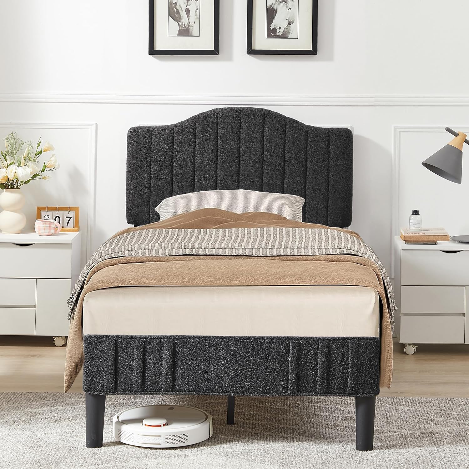 VECELO Upholstered Platform Bed Frame with Sheepskin Fabric Adjustable Headboard/Strong Wood Slats Supports