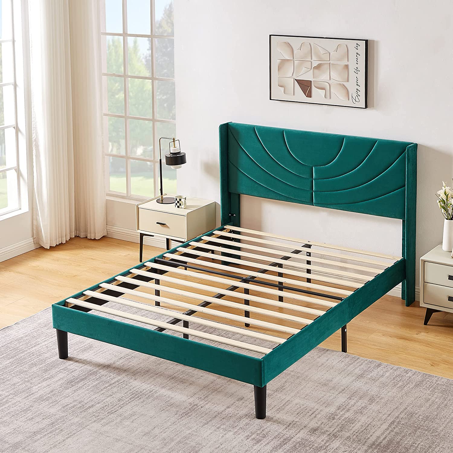 VECELO Upholstered Platform Bed Frame with Adjustable Fabric Headboard