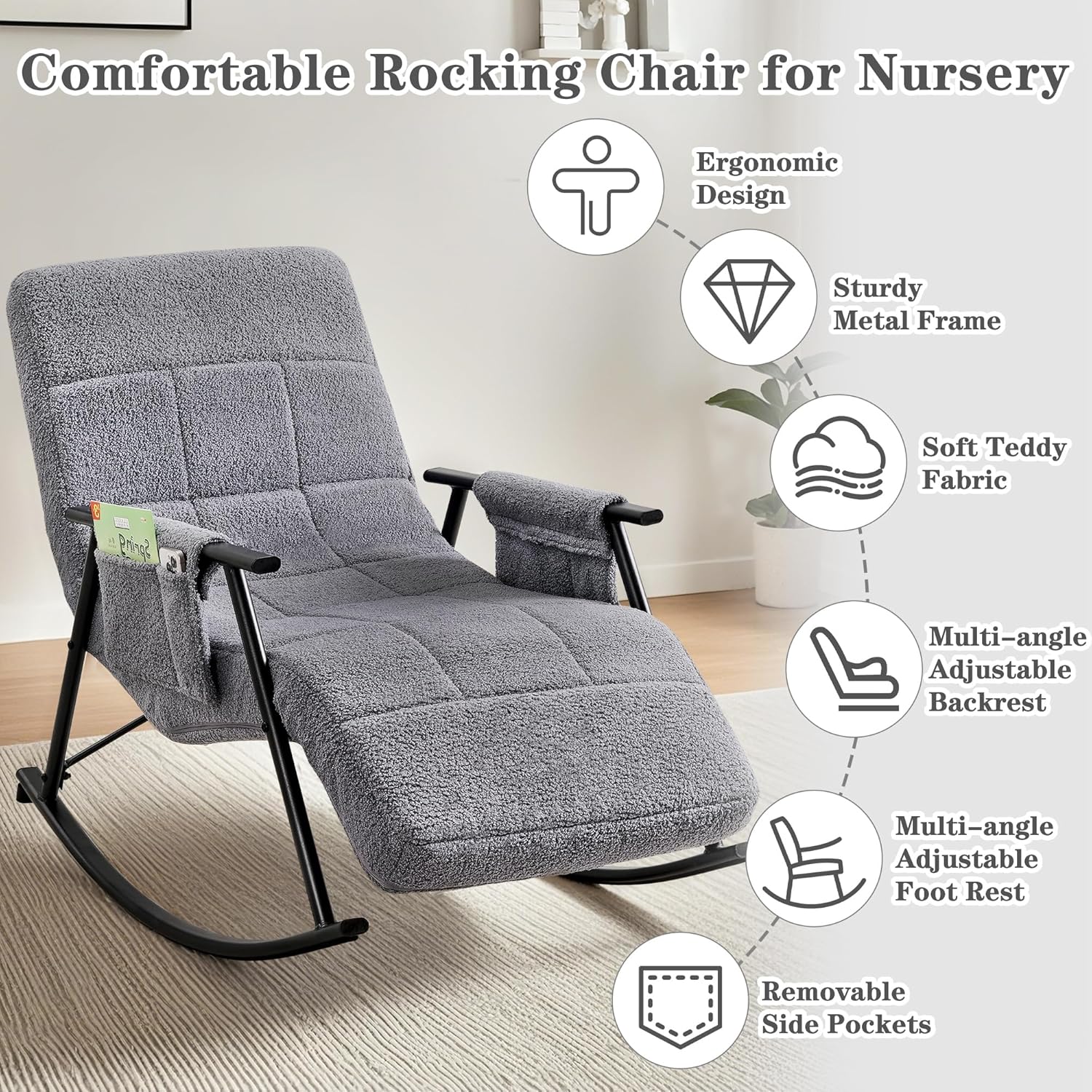VECELO High Back Nursery Rocking Chair with Foot Rest, Teddy Upholstered Reclining Glider Rocker