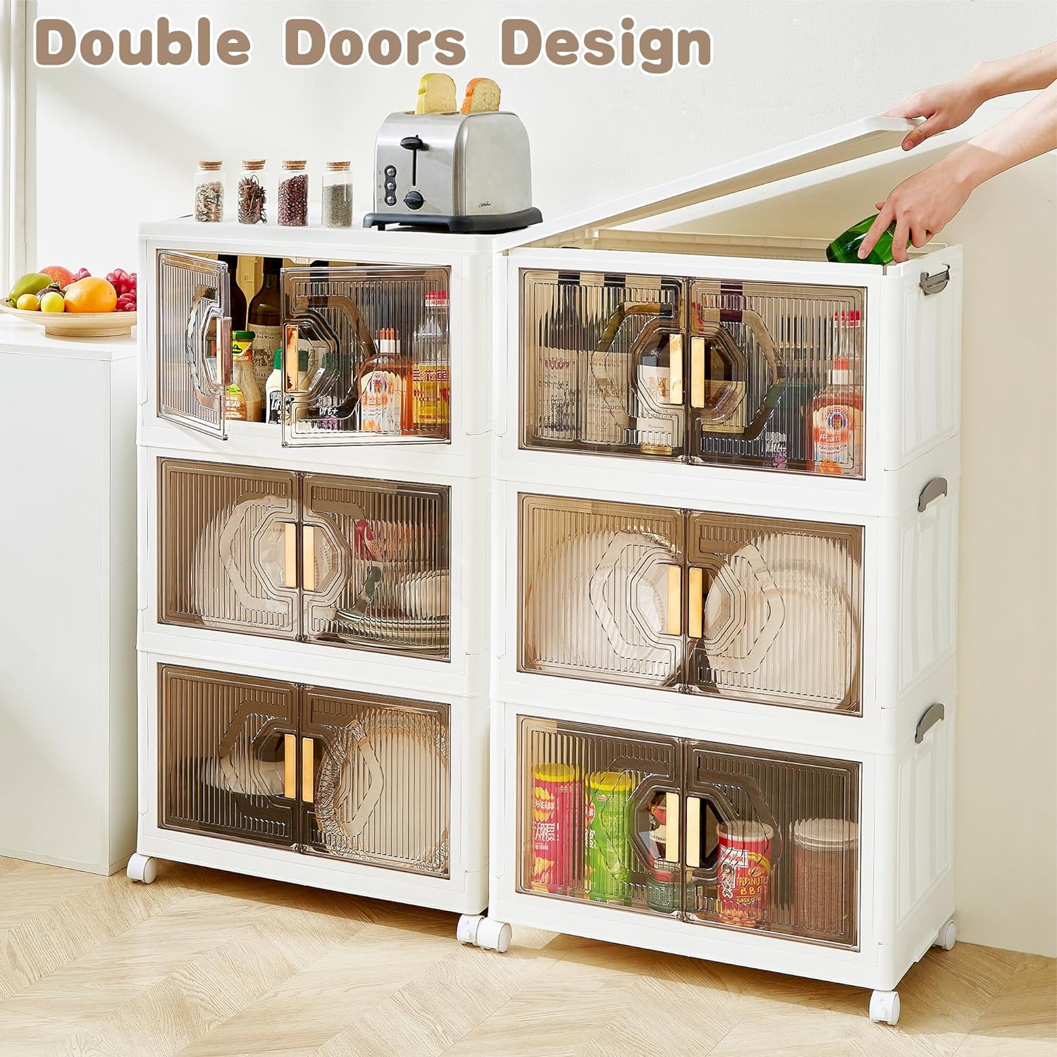 VECELO 3 Pack Plastic Foldable Stackable Storage Bin Double Door 19 Gal Closet Organizers and Storage with Lids and Wheels - VECELO