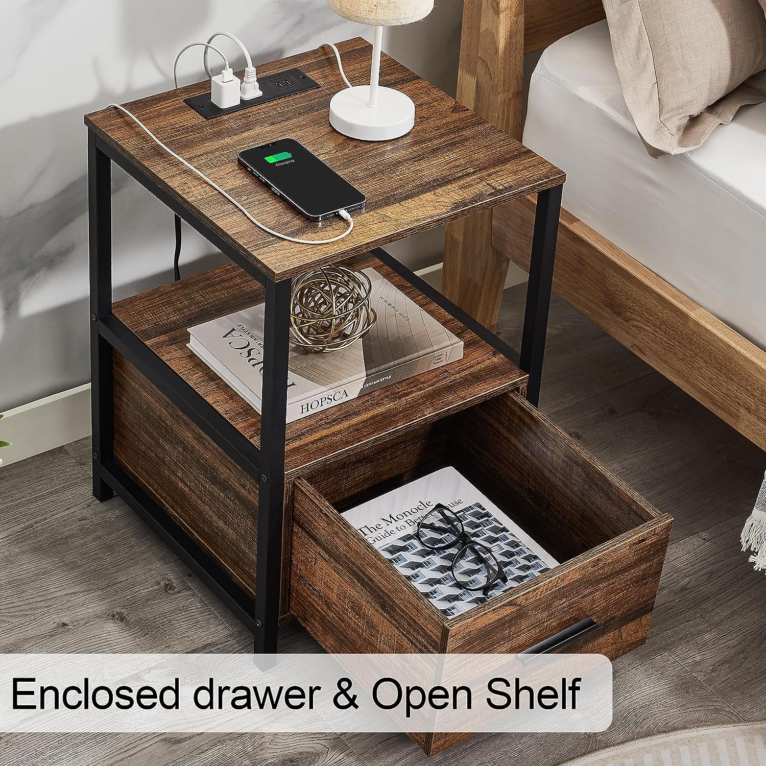VECELO Modern Nightstand with Charging Station and USB Ports End Side Table