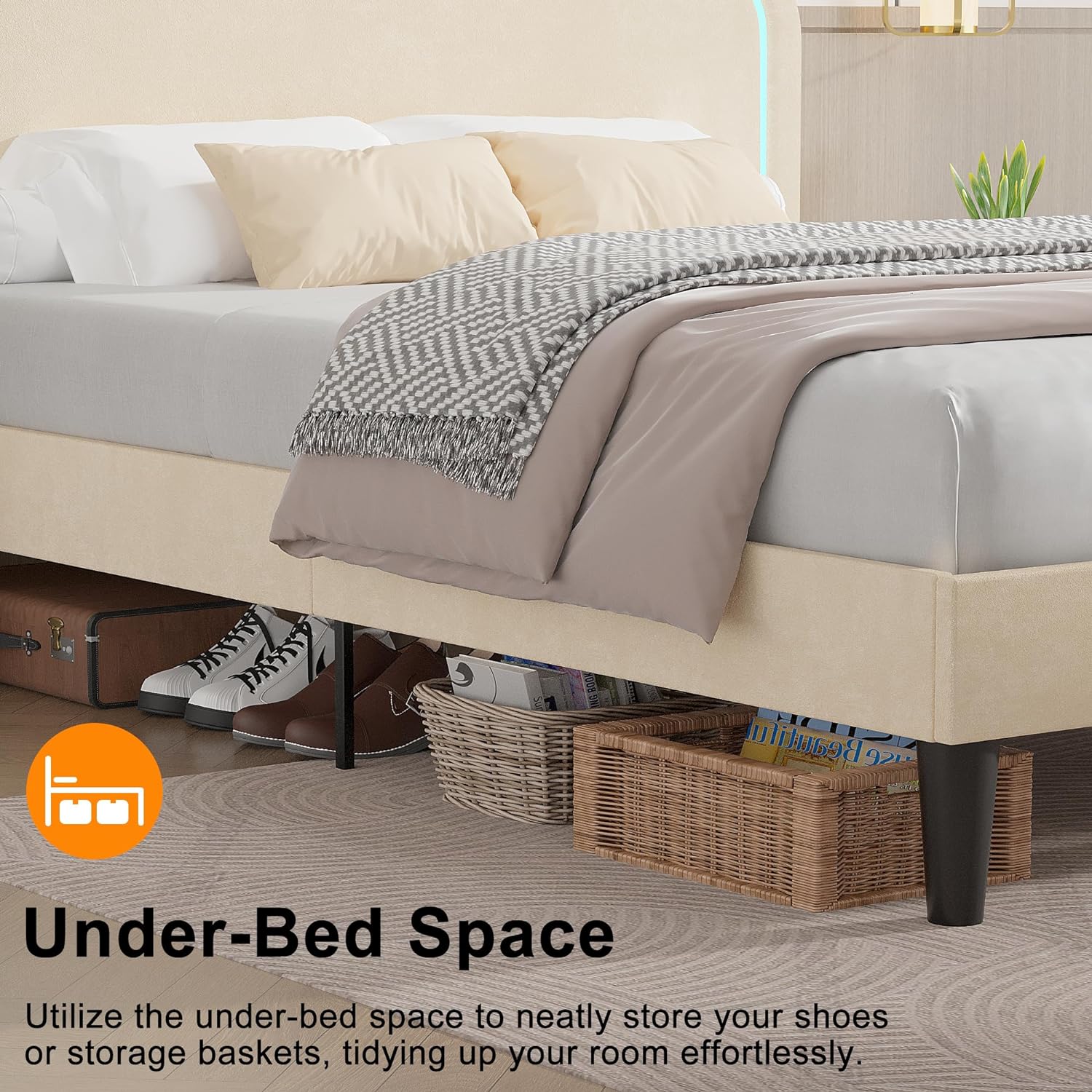 VECELO Upholstered Velvet Platform Bed Frame with Headboard Adjustable, LED Lights, USB-A & Type-C