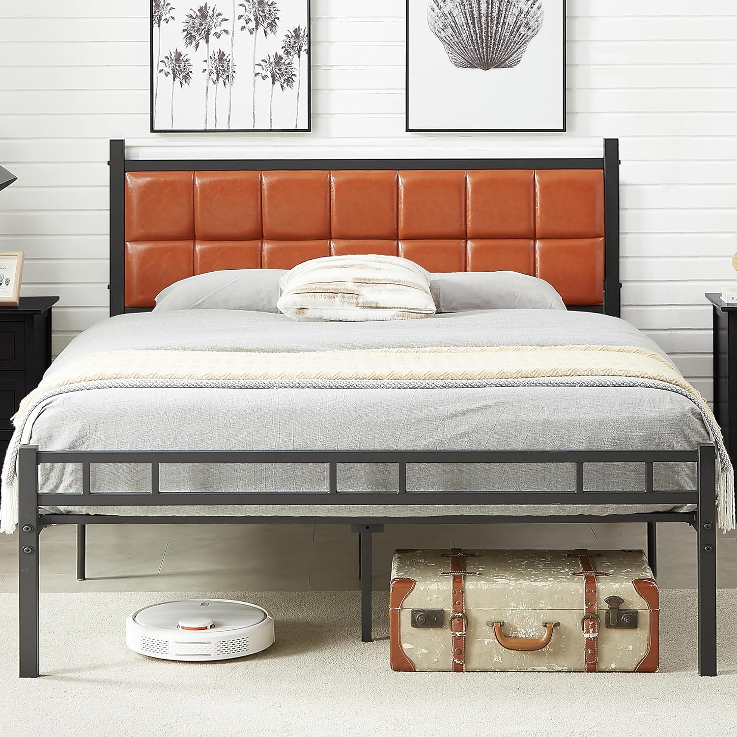 VECELO Bed Frame with PU Upholstered Headboard Metal Slats Support, No Box Spring Needed - VECELO