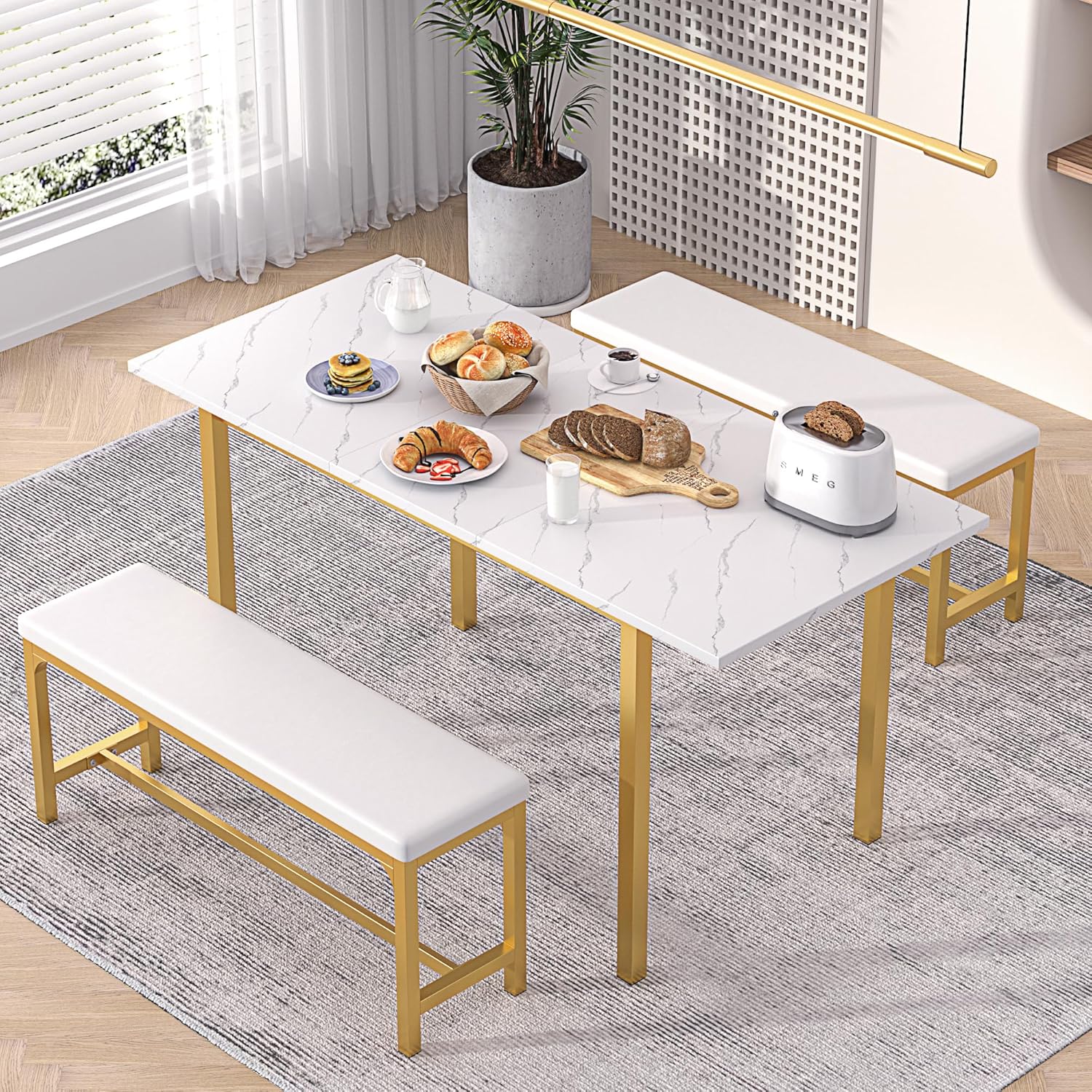 VECELO 3-Piece 63" Extendable Kitchen Table with Benches/Chairs - VECELO