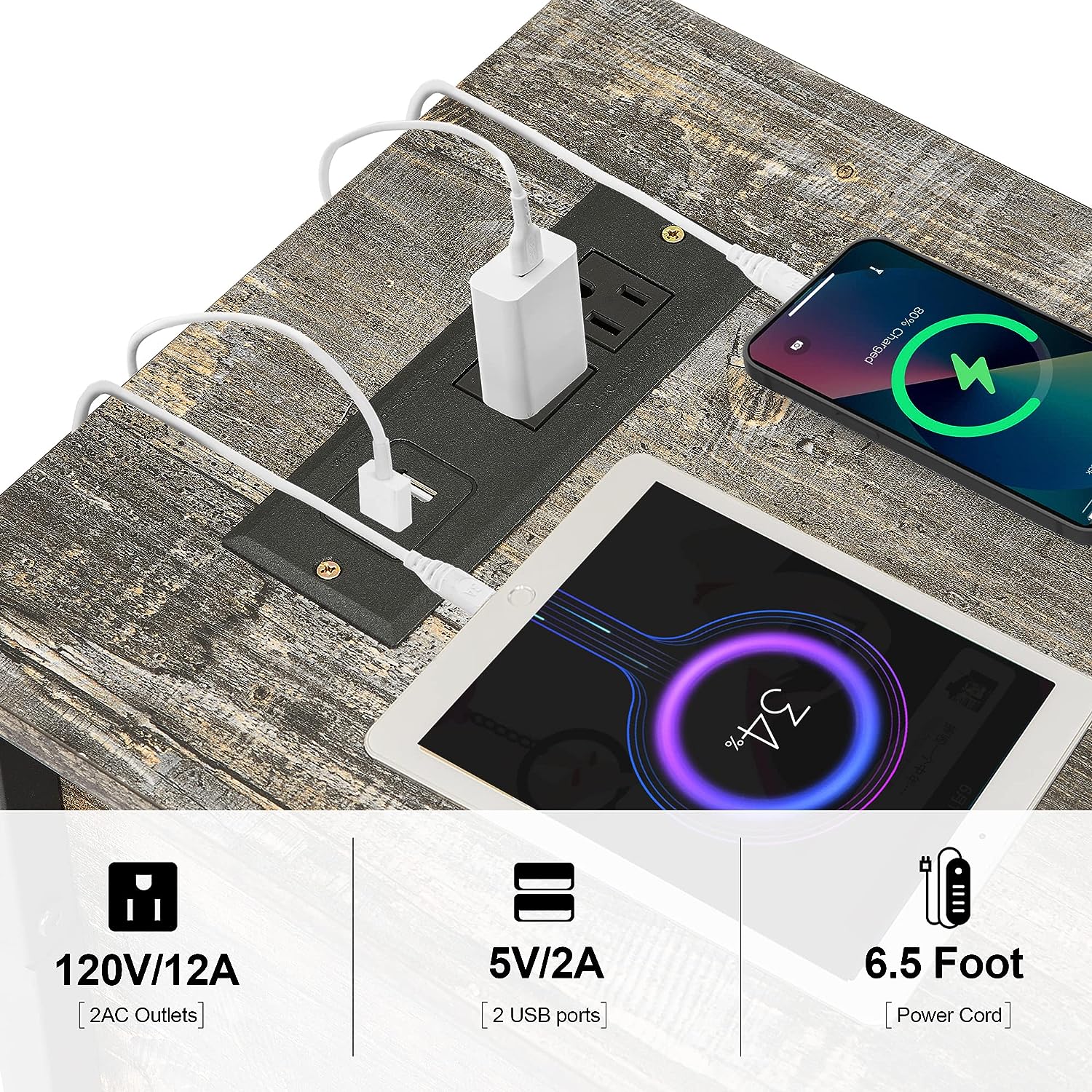 VECELO End Tables,Narrow Nightstands with Charging Station & USB Ports &Drawers