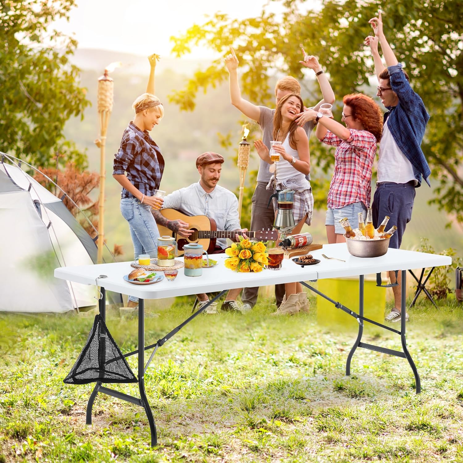 VECELO 6Ft Plastic Folding Table Heavy Duty Indoor Outdoor Portable Picnic Foldable Desk with Handle Mesh Trash Bag&Lock Legs - VECELO