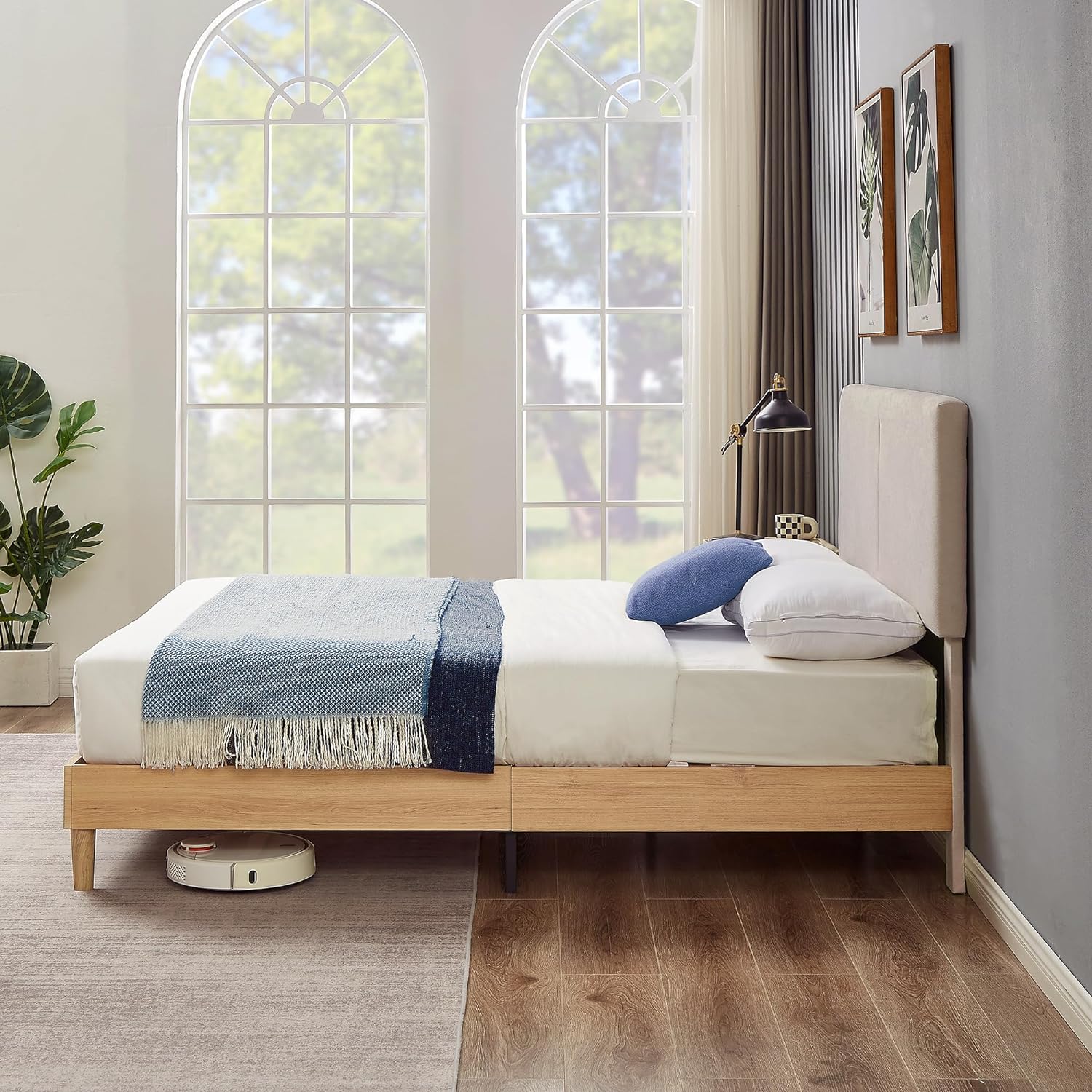 VECELO Upholstered Platform Bed Frame with Height-Adjustable Cotton and Linen Headboard