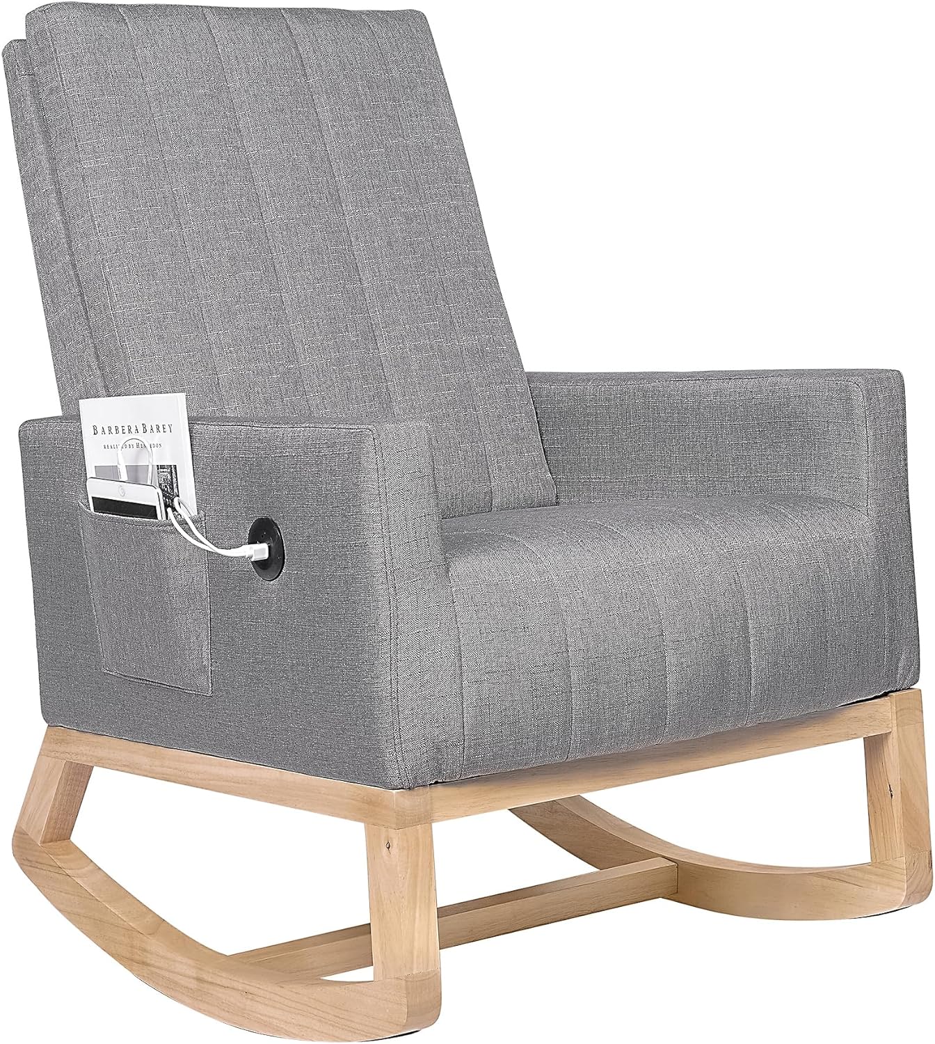 VECELO Rocking Chair Upholstered Nursery Glider Rocker High Backrest Comfy Armchair with Side Pocket and USB Port - VECELO