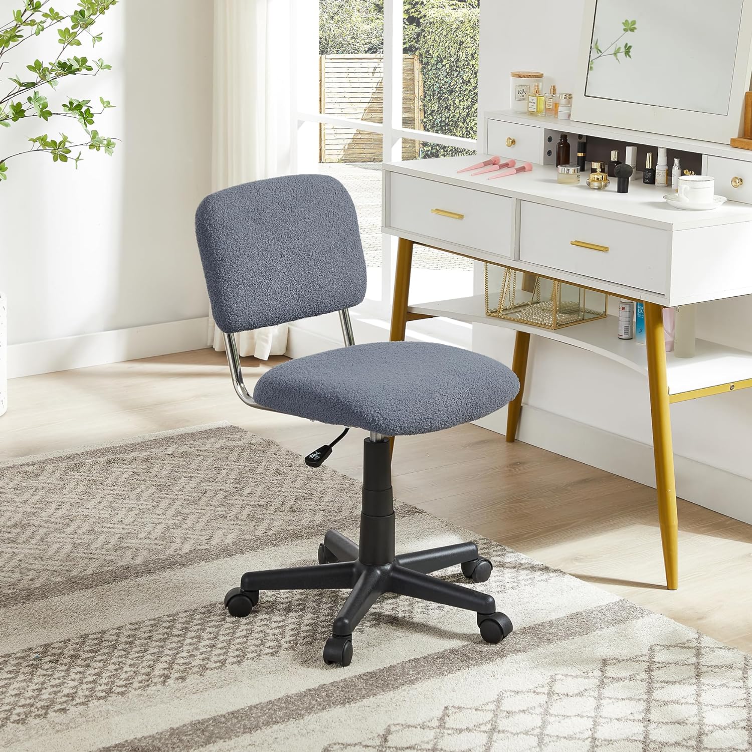 VECELO Faux Fur Comfy Height Adjustable Swivel Armless Home Office Sherpa Chair