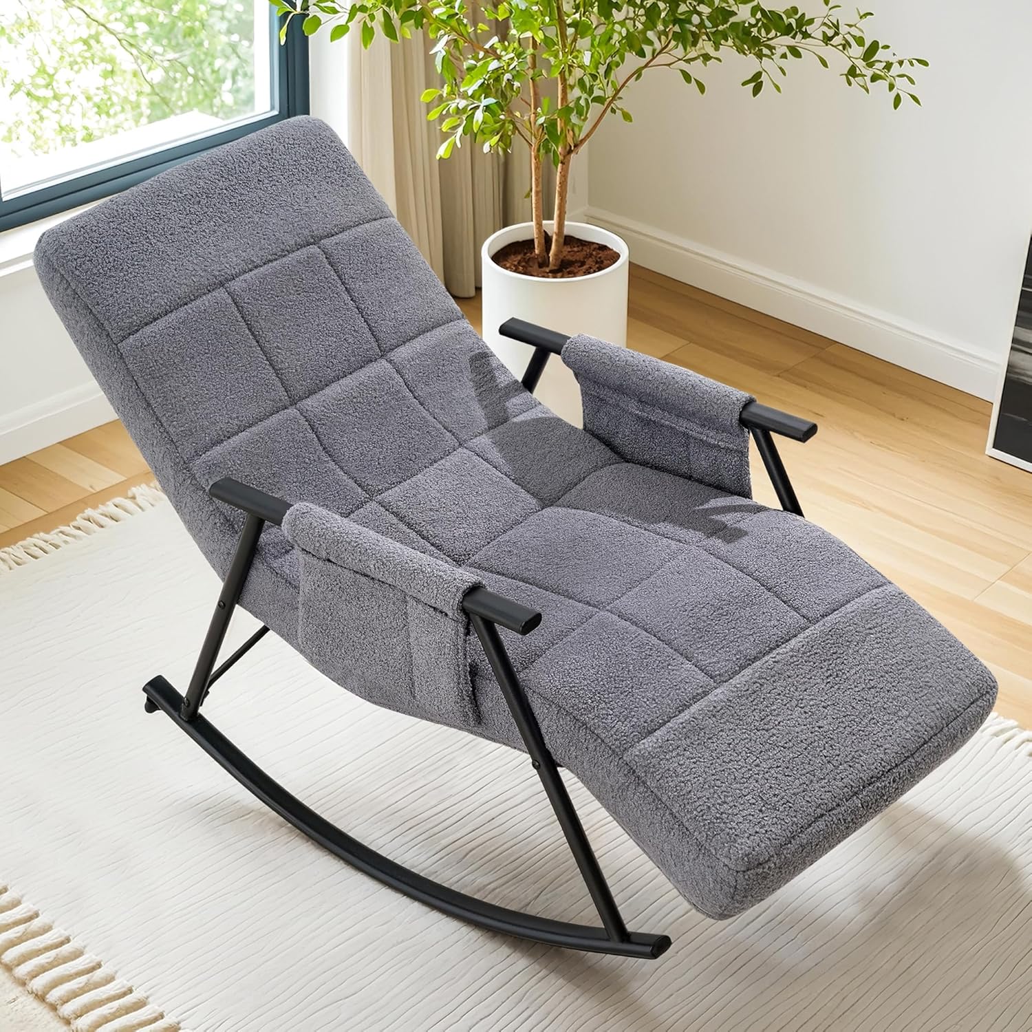 VECELO High Back Nursery Rocking Chair with Foot Rest, Teddy Upholstered Reclining Glider Rocker