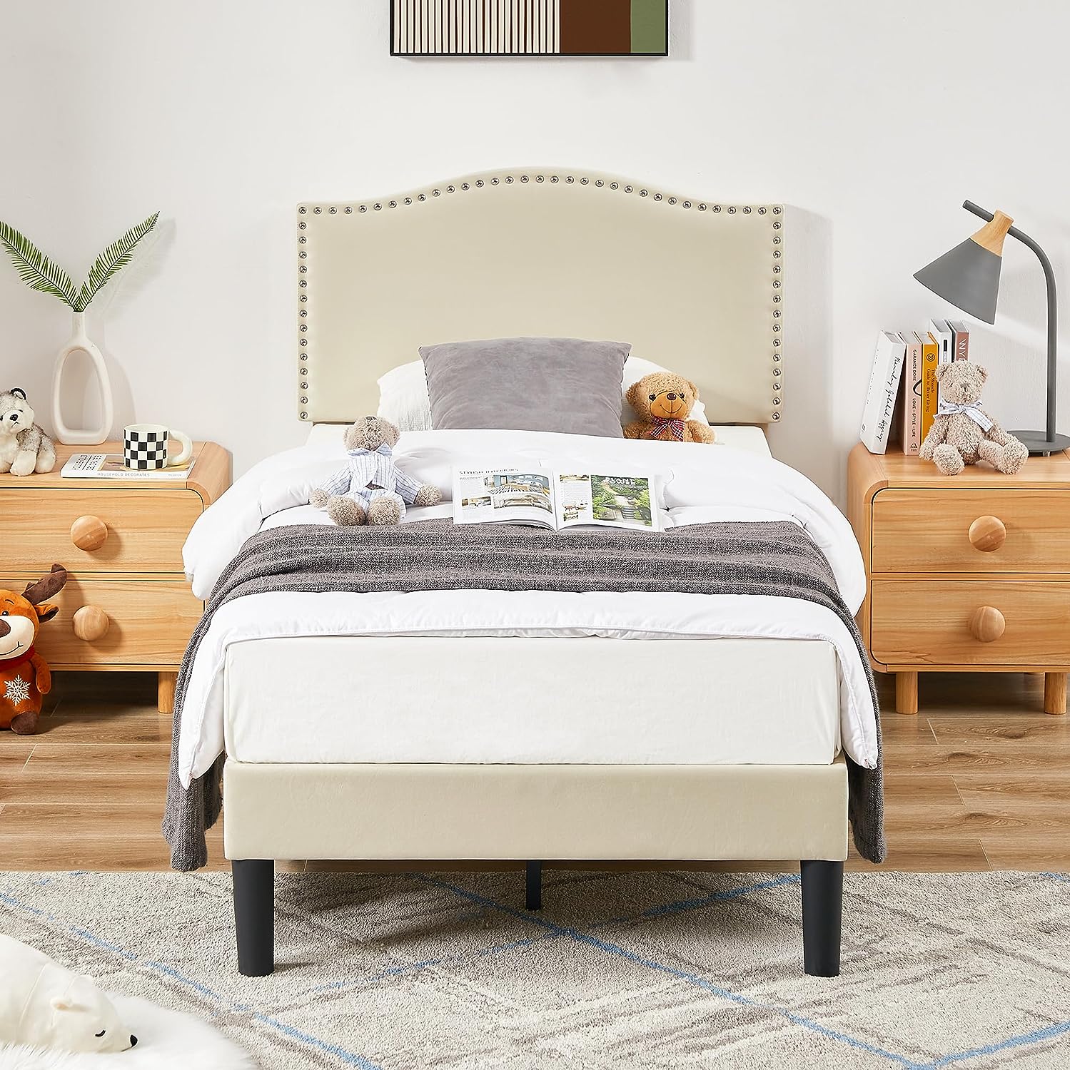 VECELO Bed Frame Platform with Upholstered Headboard & Wooden Slats Support - VECELO