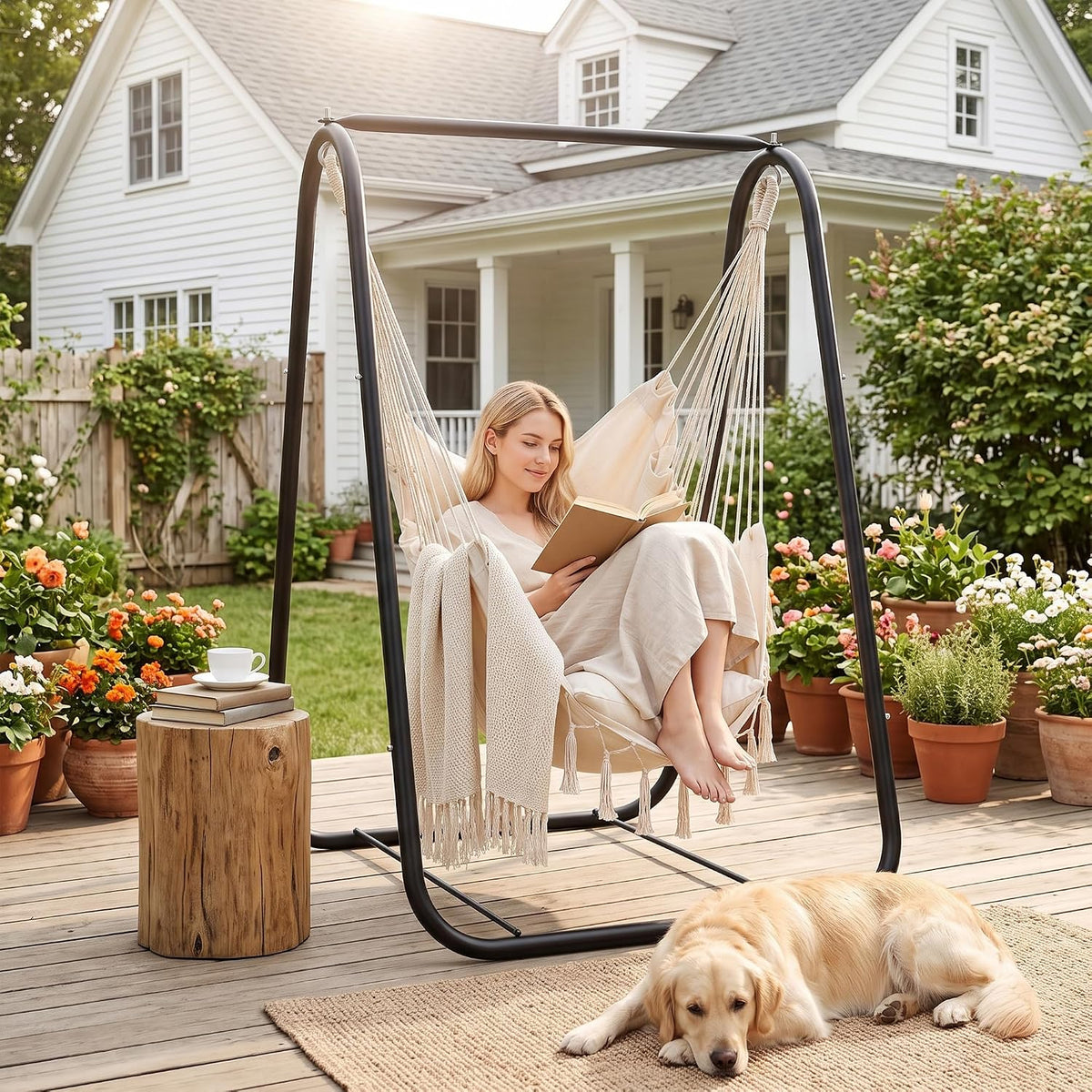 VECELO Hammock Chair with Stand Sturdy & Rustproof Frame with Anti-Tip Base